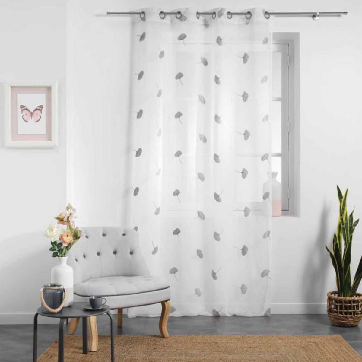 Paris Prix Rideau Voilage à Œillets  Ariella  140x280cm Blanc & Gris