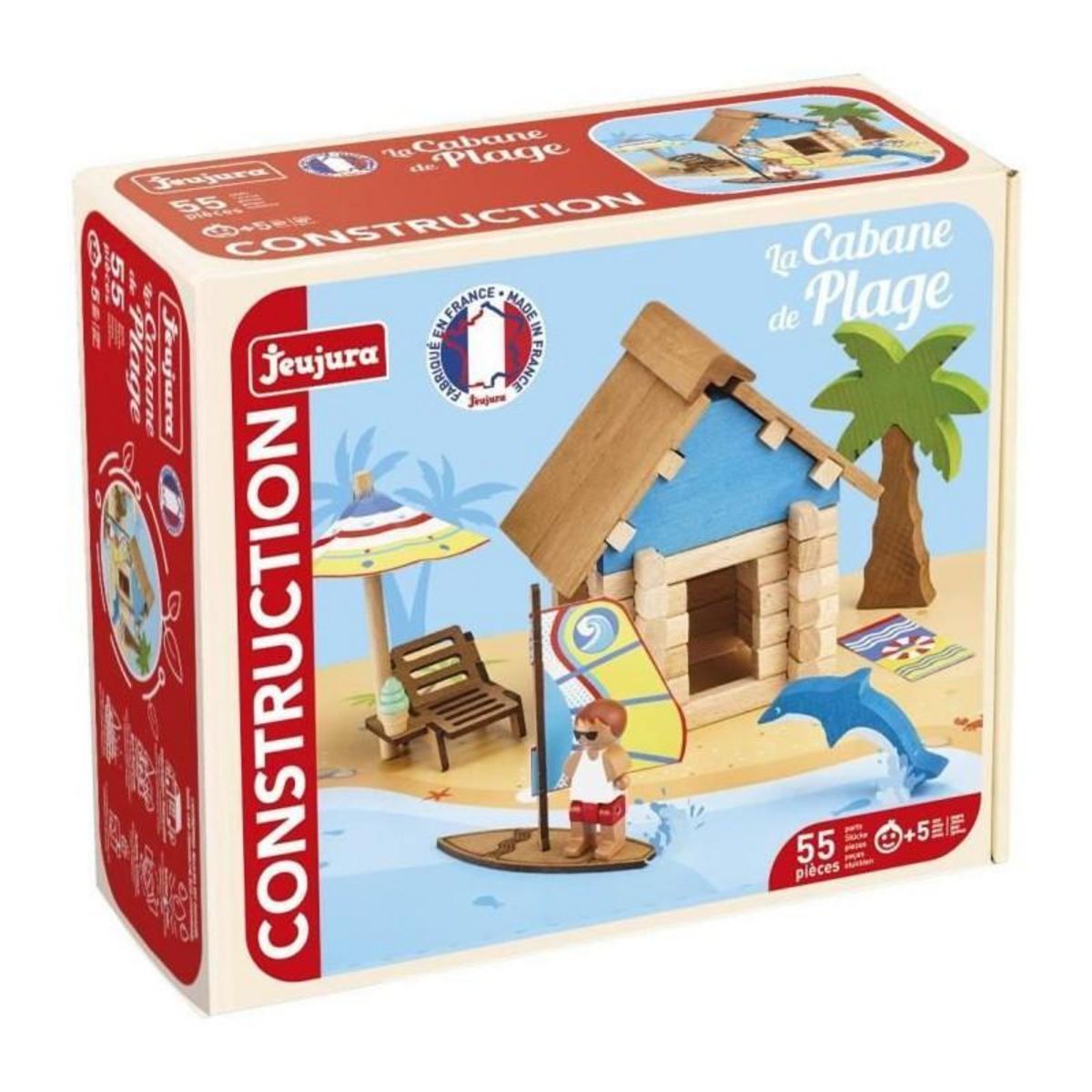 JeuJura La Cabane de Plage 55 Pieces - JEUJURA - Jeu de Construction en Bois Naturel, Tapis et Accessoires Inclus, 22x18,5x8,5 cm
