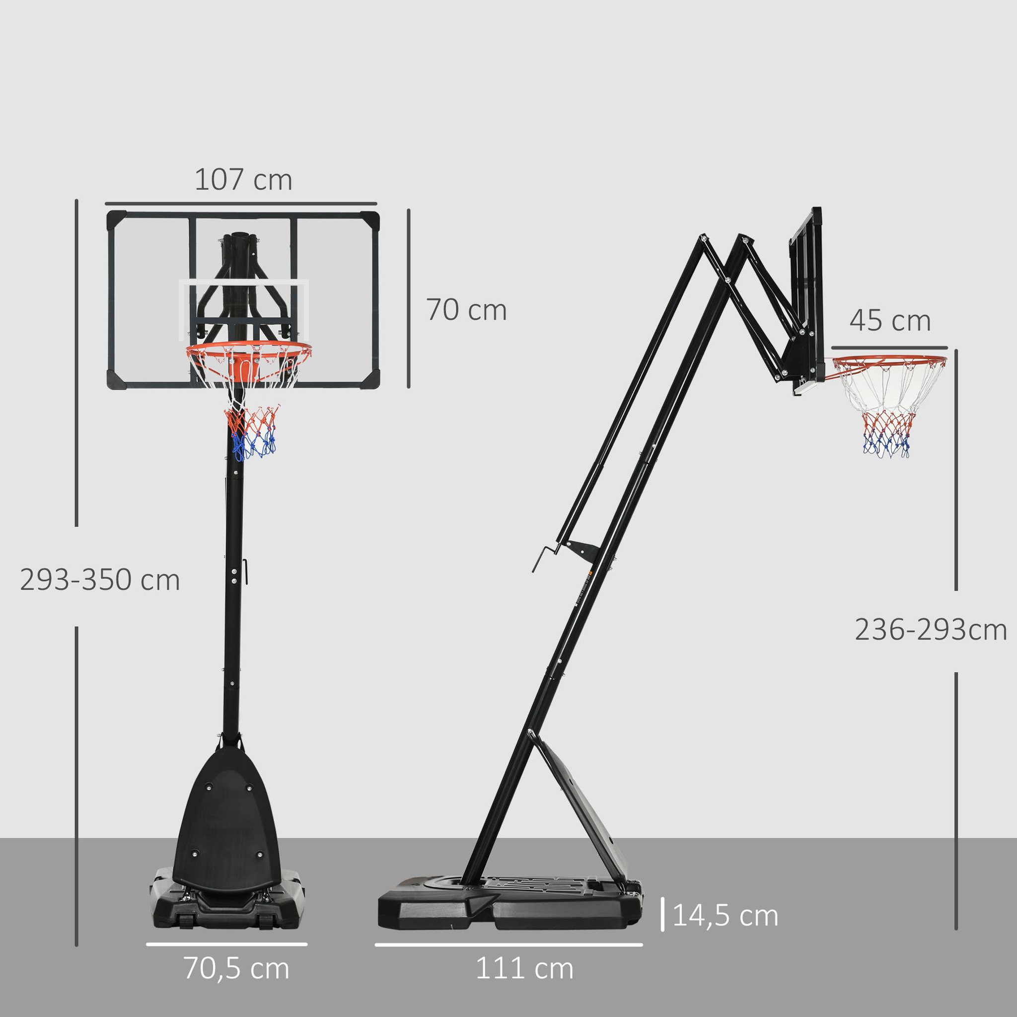 Voir la diapositive 3 : HOMCOM Panier de basket-ball sur pied avec base de lestage sur roulettes hauteur réglable 2,93-3,5 m acier pc noir