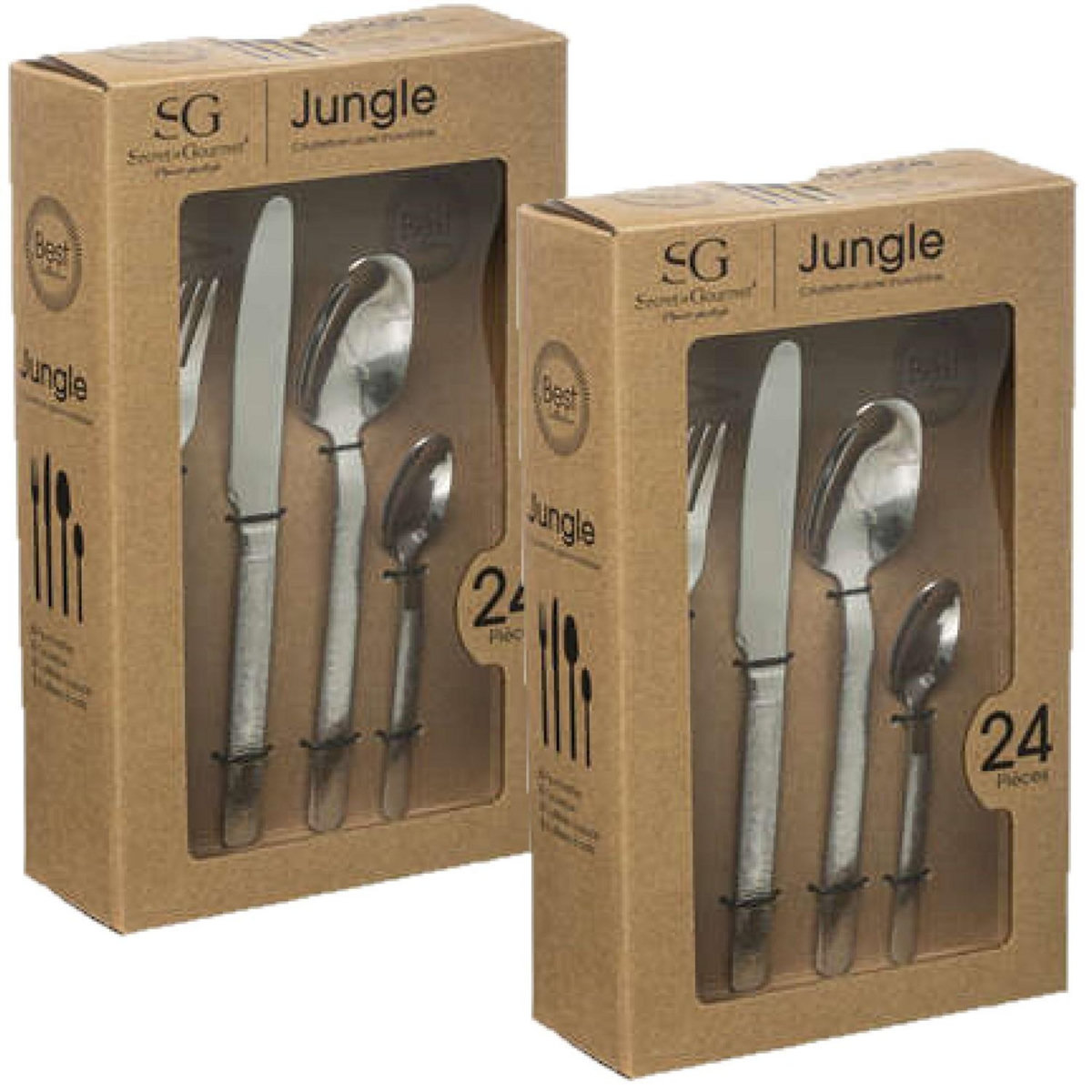 TOILINUX Lot de 2 Ménagère Jungle en Acier Inoxydable effet mat - 48 Couverts - Argent