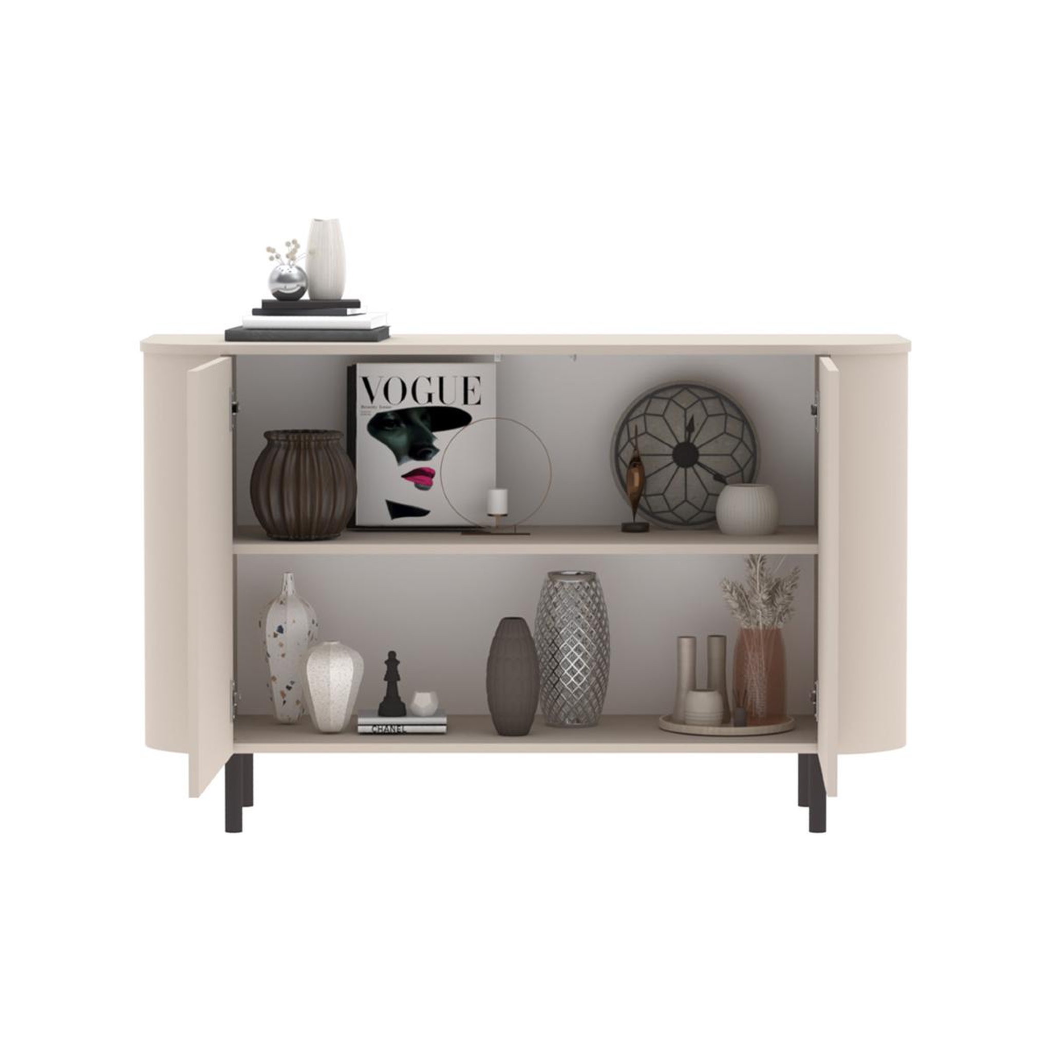 Voir la diapositive 4 : JLC KREATION Meuble de rangement arrondi beige 2 portes 130cm olga