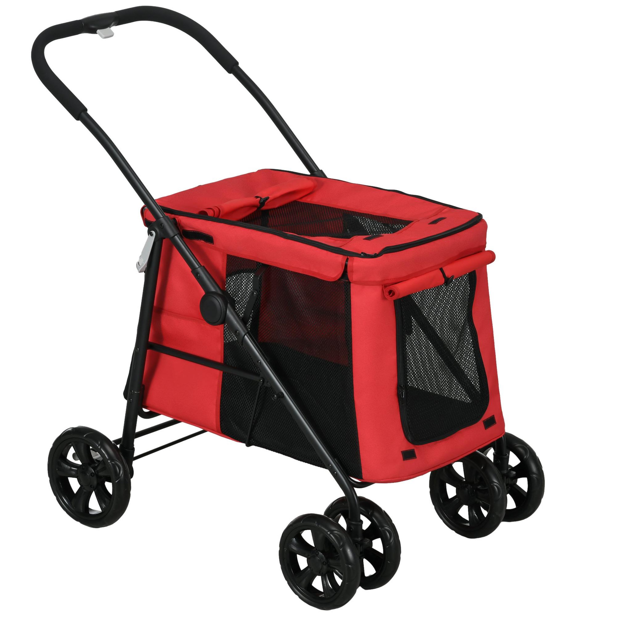 PAWHUT Poussette pliable pour chien chat 4 roues 3 pochettes rangement coussin acier oxford rouge