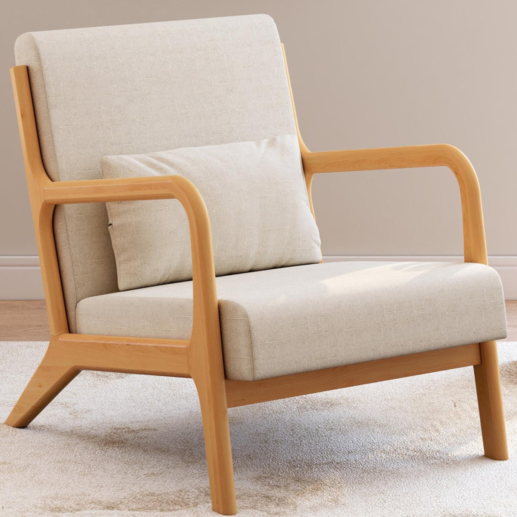 Voir la diapositive 2 : ID MARKET Fauteuil scandinave JOSEPH en tissu beige accoudoirs et pieds bois