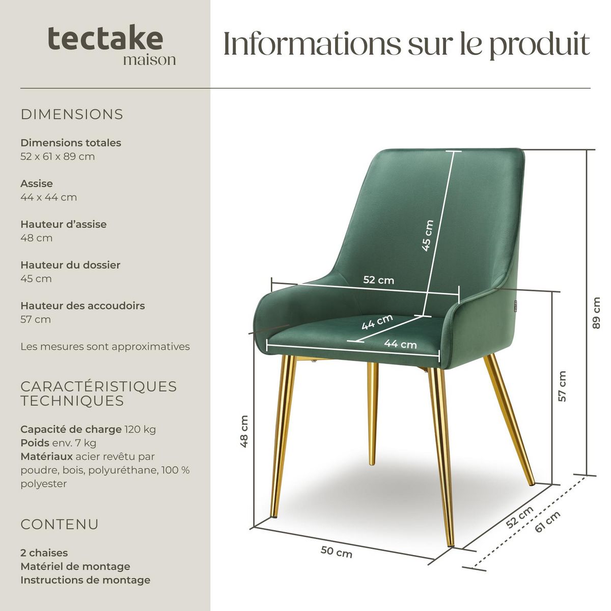tectake Chaise rembourrée en velours rembourré vert Lot de 2