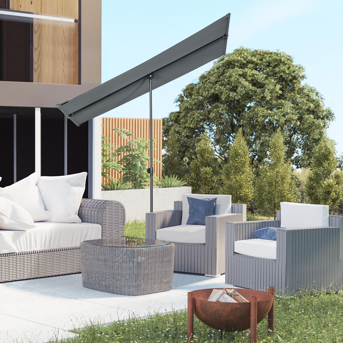 OUTSUNNY Parasol de jardin inclinable toile plate hauteur réglable dim. 180L x 130l x 115-205H cm métal époxy polyester anti-UV gris