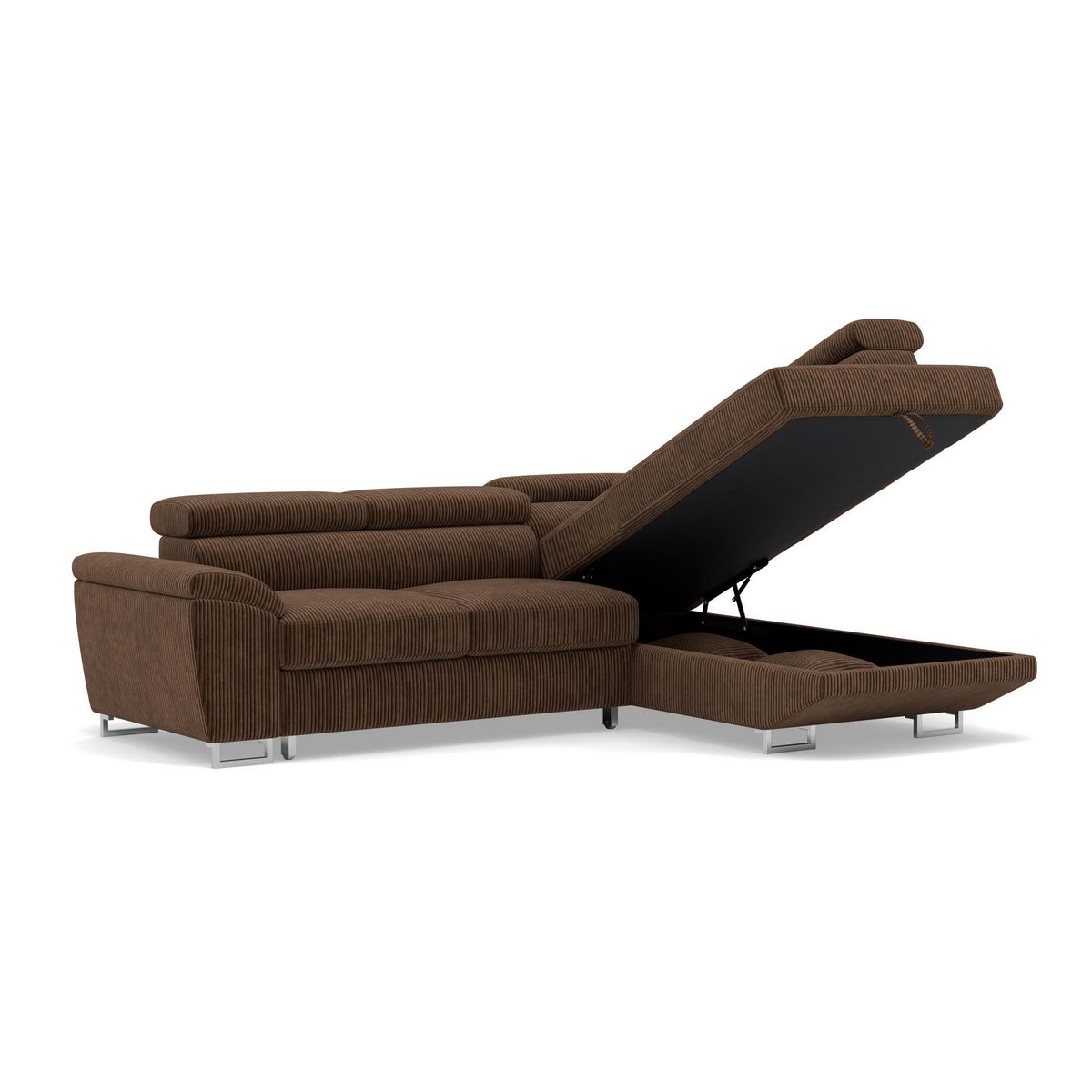 BEST MOBILIER Baoji - canapé d'angle droit 5 places convertible avec têtières et coffre en velours côtelé