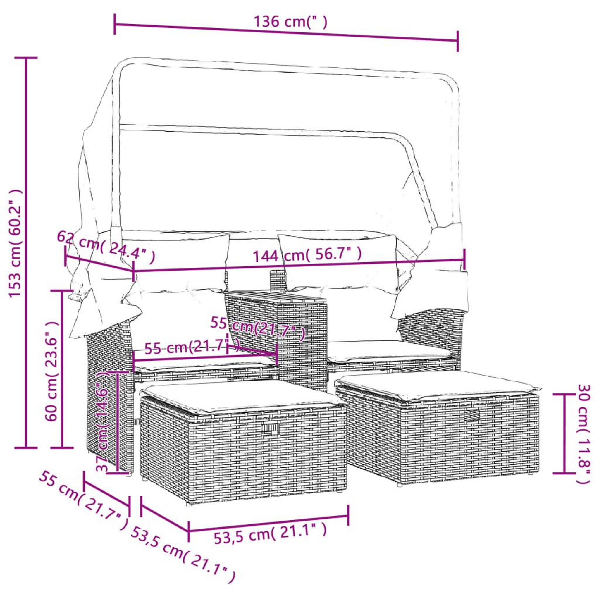 Voir la diapositive 6 : VIDAXL Canape de jardin 2 places avec auvent et tabourets beige rotin