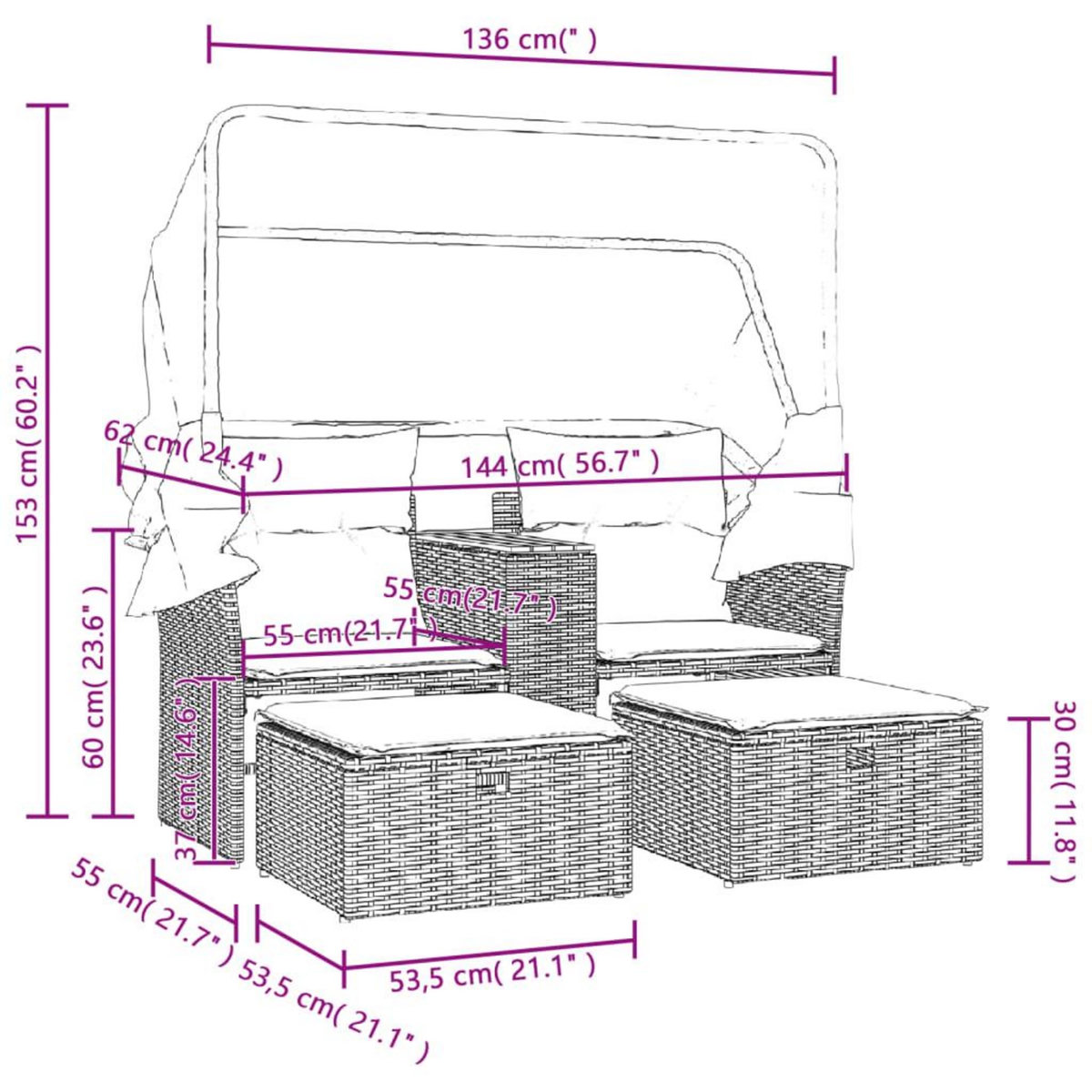 VIDAXL Canape de jardin 2 places avec auvent et tabourets beige rotin