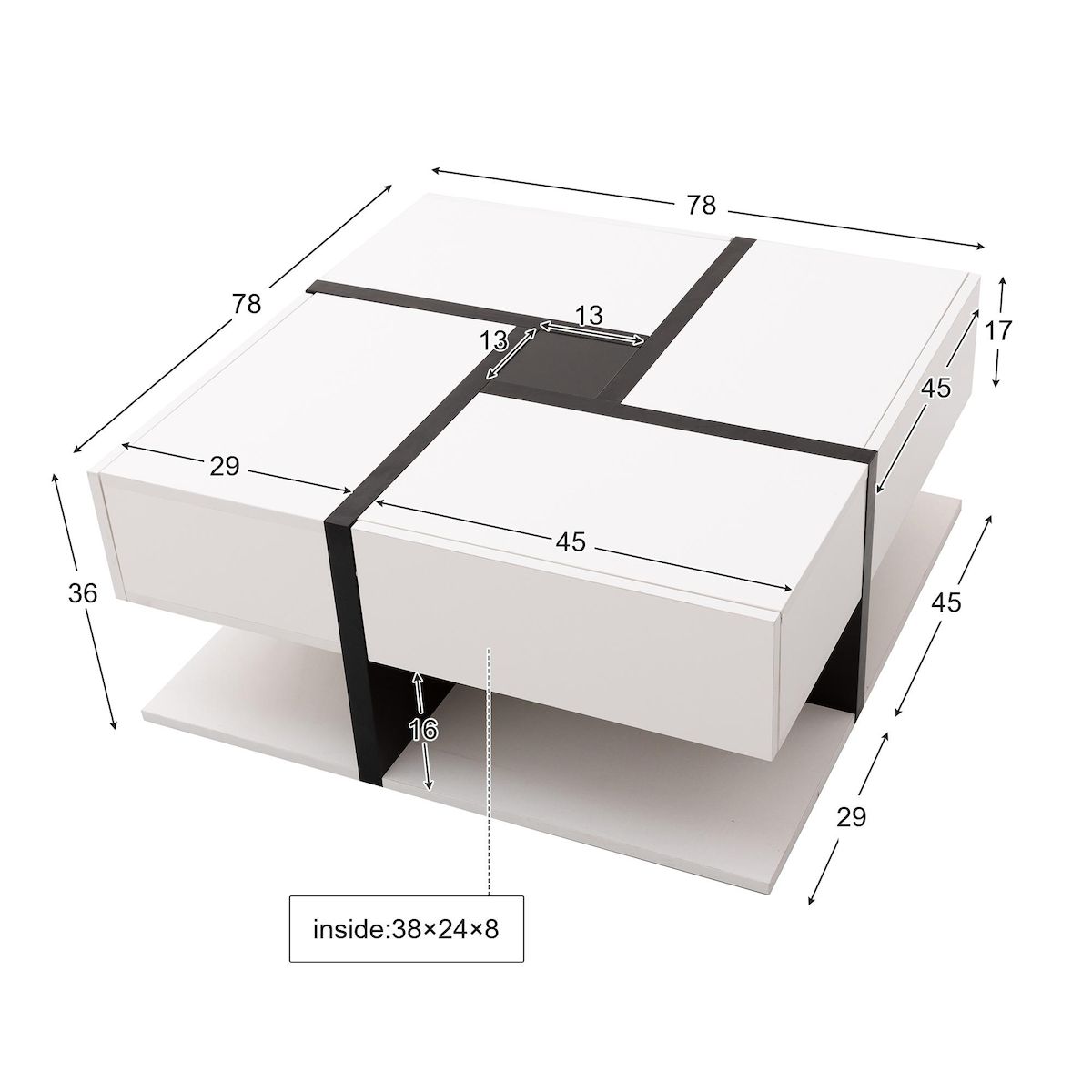 MERAX Table basse carrée blanc+noir avec 4 tiroirs - 78x78 cm panneau de particules
