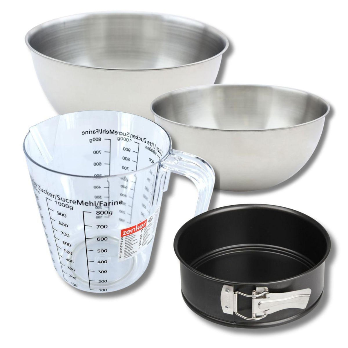 ZENKER Set pâtisserie avec mini moule à manqué 18 cm, 2 bols à mixer, verre mesureur et spatule Zenker