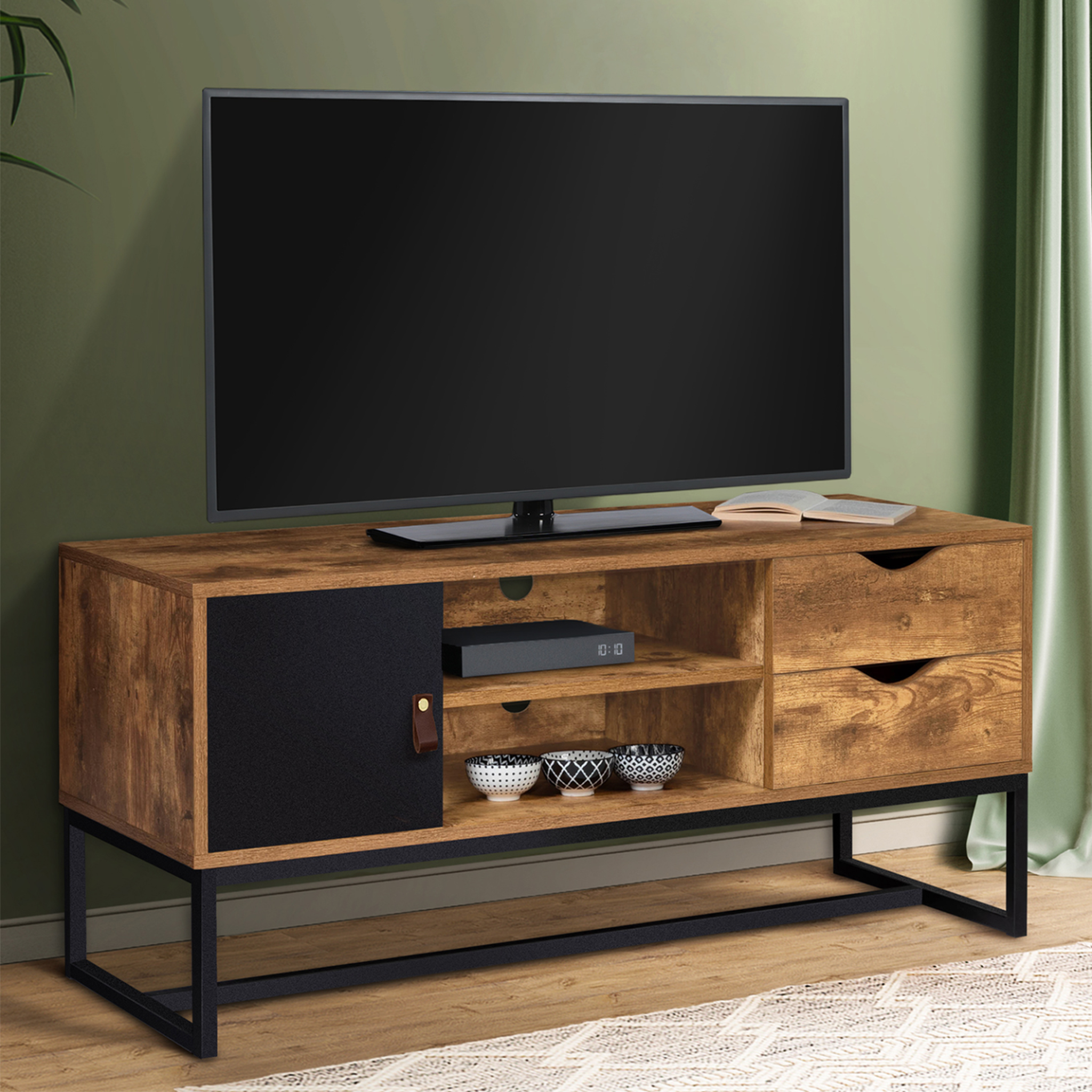 Voir la diapositive 2 : ID MARKET Meuble tv 110 cm chicago 2 tiroirs avec placard design industriel