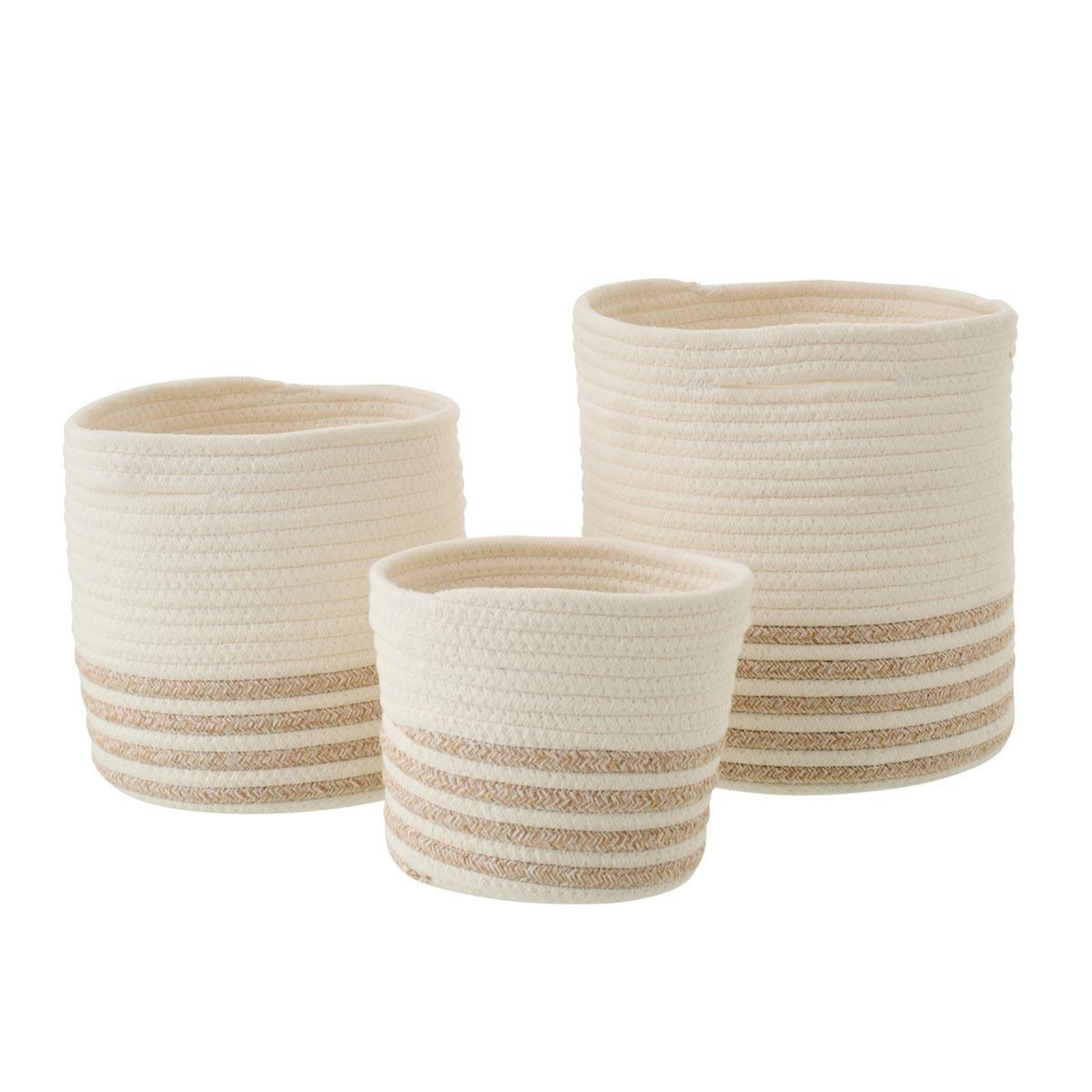 J-LINE Lot de 3 paniers de rangement  ligné  25cm blanc