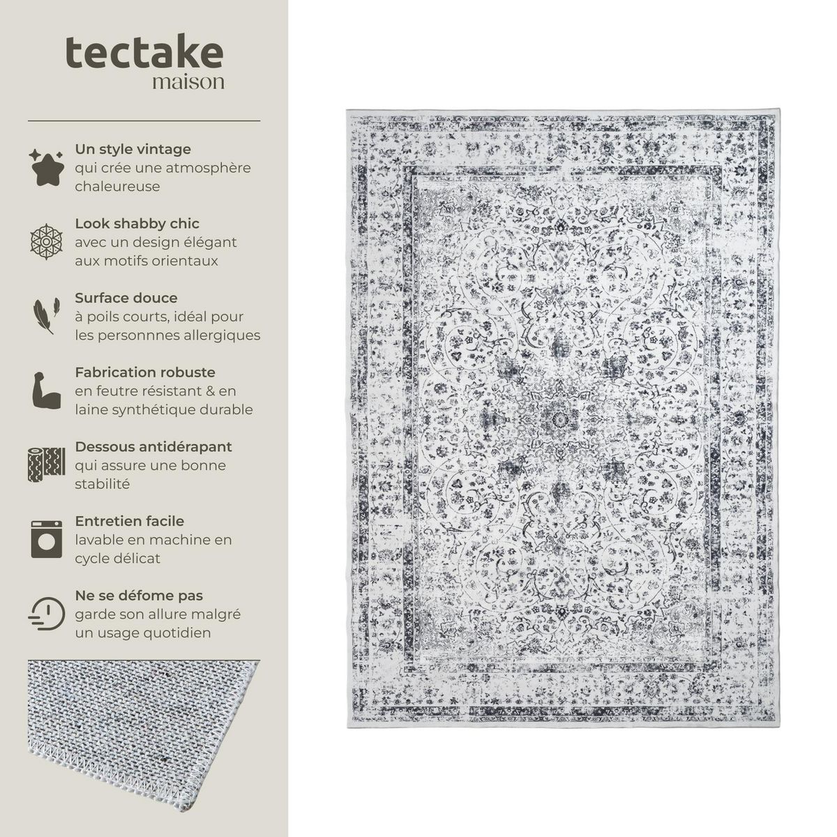 tectake Tapis design vintage à poils courts en laine synthétique et feutre gris 240 x 340 cm