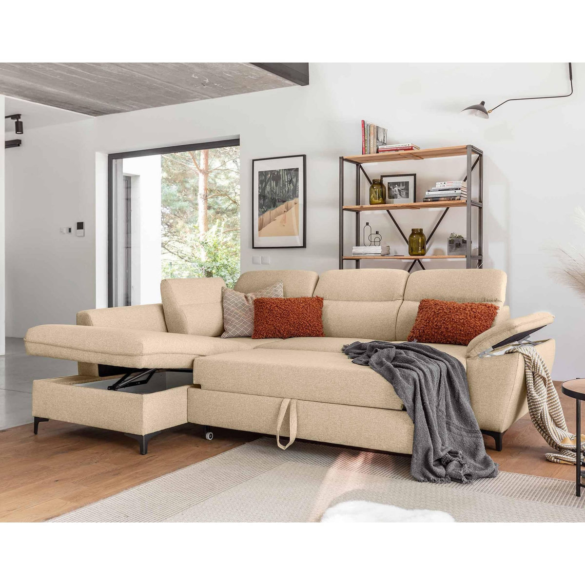 BEST MOBILIER Clever - canapé d'angle gauche - 5 places - convertible avec coffre et têtières - en tissu