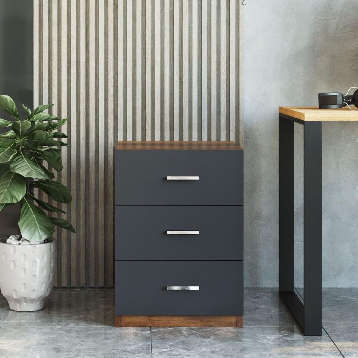 Paris Prix Table de Chevet 3 Tiroirs  Pearlie  61cm Marron & Anthracite