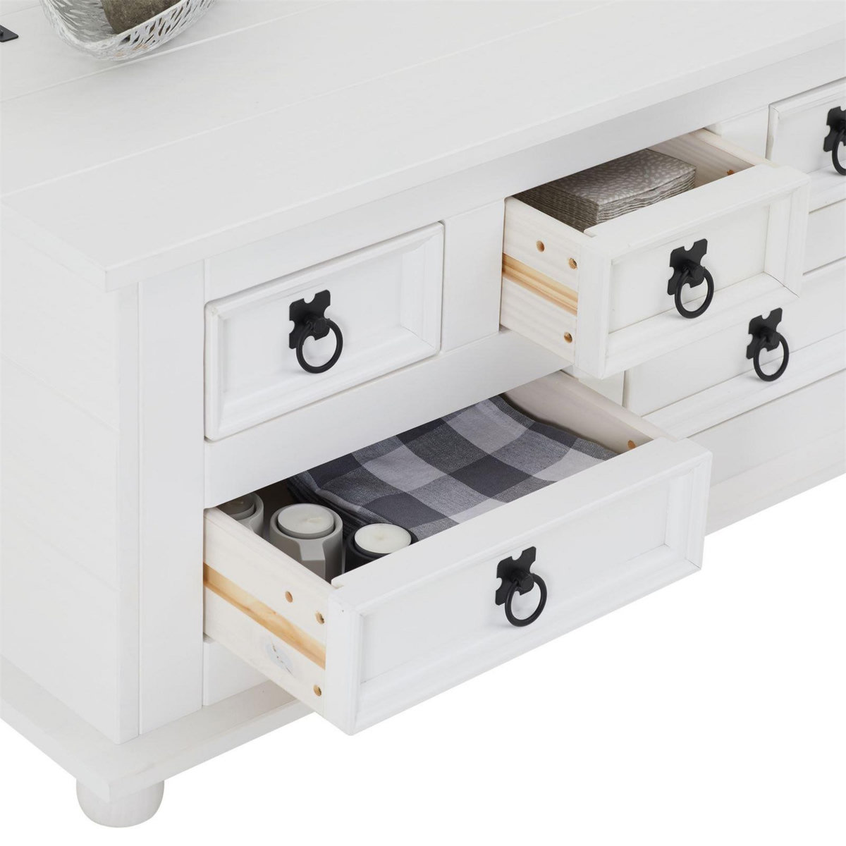 IDIMEX Table basse coffre en pin TEQUILA style mexicain, avec 5 tiroirs, lasuré blanc