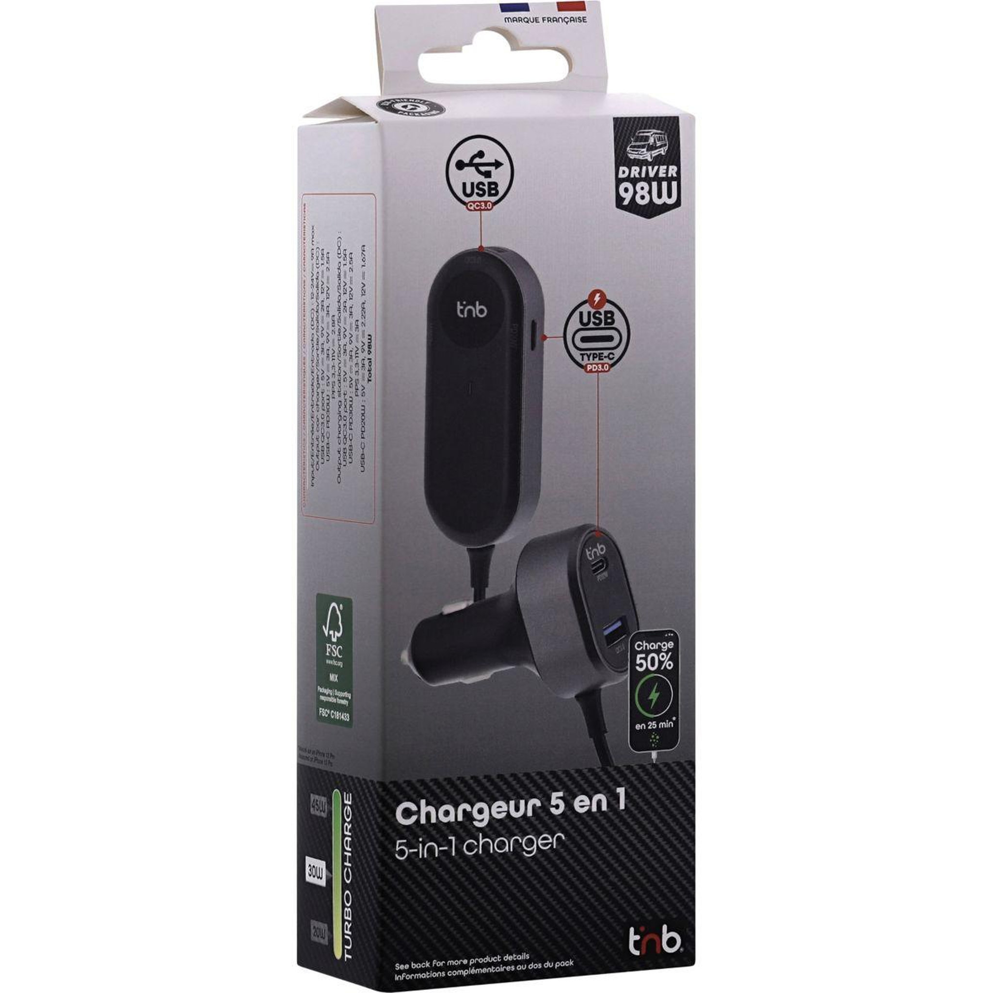 Voir la diapositive 4 : TNB Chargeur allume cigare 98w 2xusb a et 3xusb-c noir