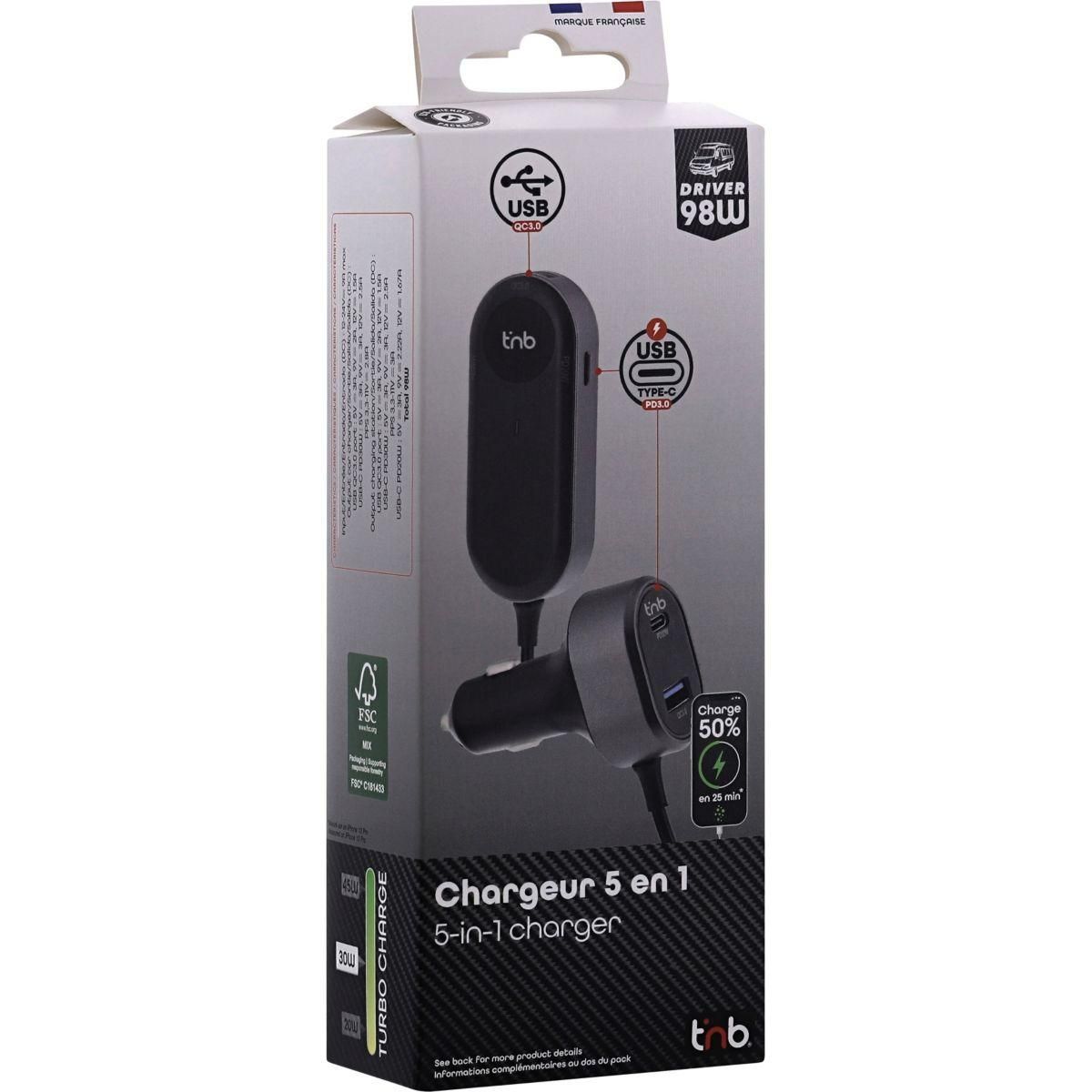TNB Chargeur allume cigare 98W 2xUSB A et 3xUSB-C noir
