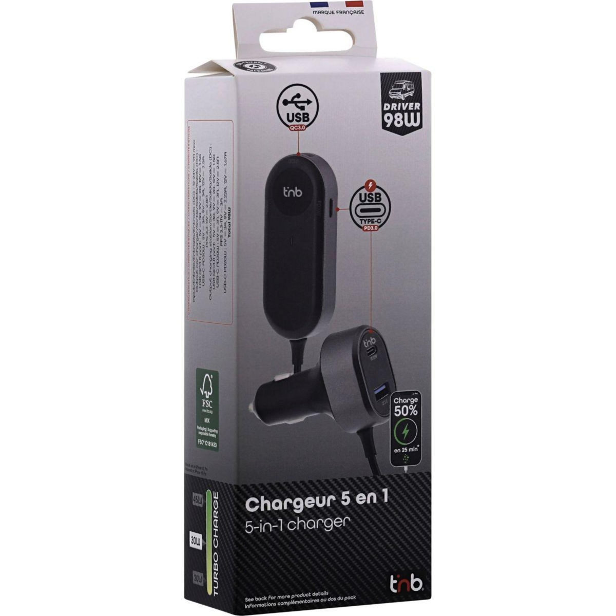TNB Chargeur allume cigare 98W 2xUSB A et 3xUSB-C noir