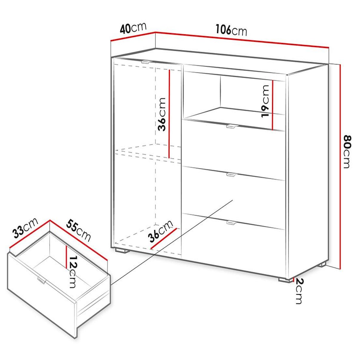 BEST MOBILIER Judy - buffet bas 106 cm - 1 porte, 3 tiroirs et 1 niche