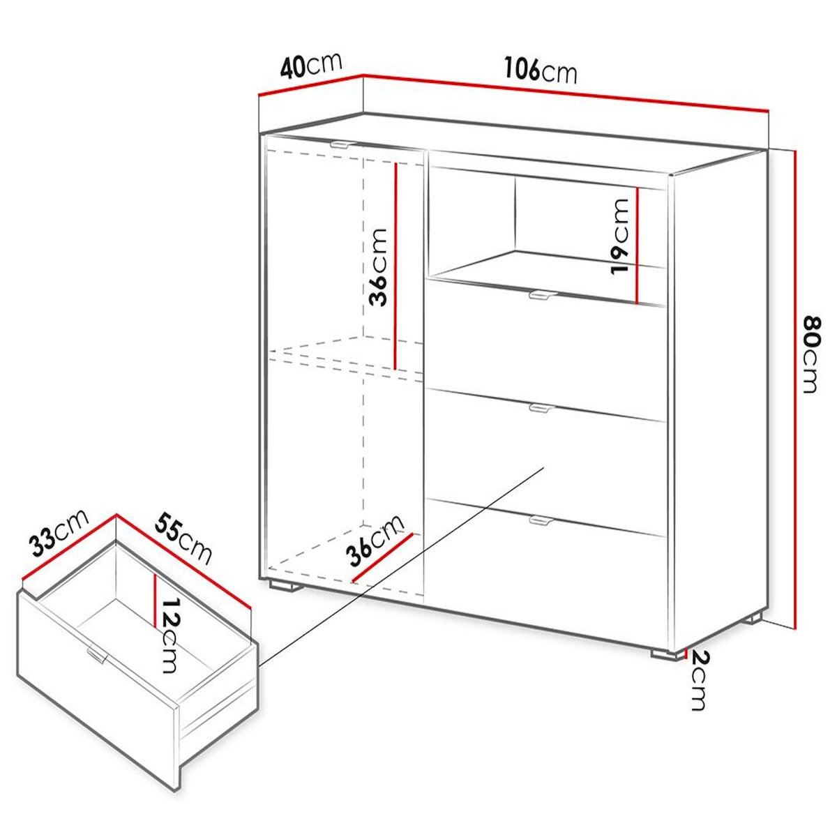 BEST MOBILIER Judy - buffet bas 106 cm - 1 porte, 3 tiroirs et 1 niche