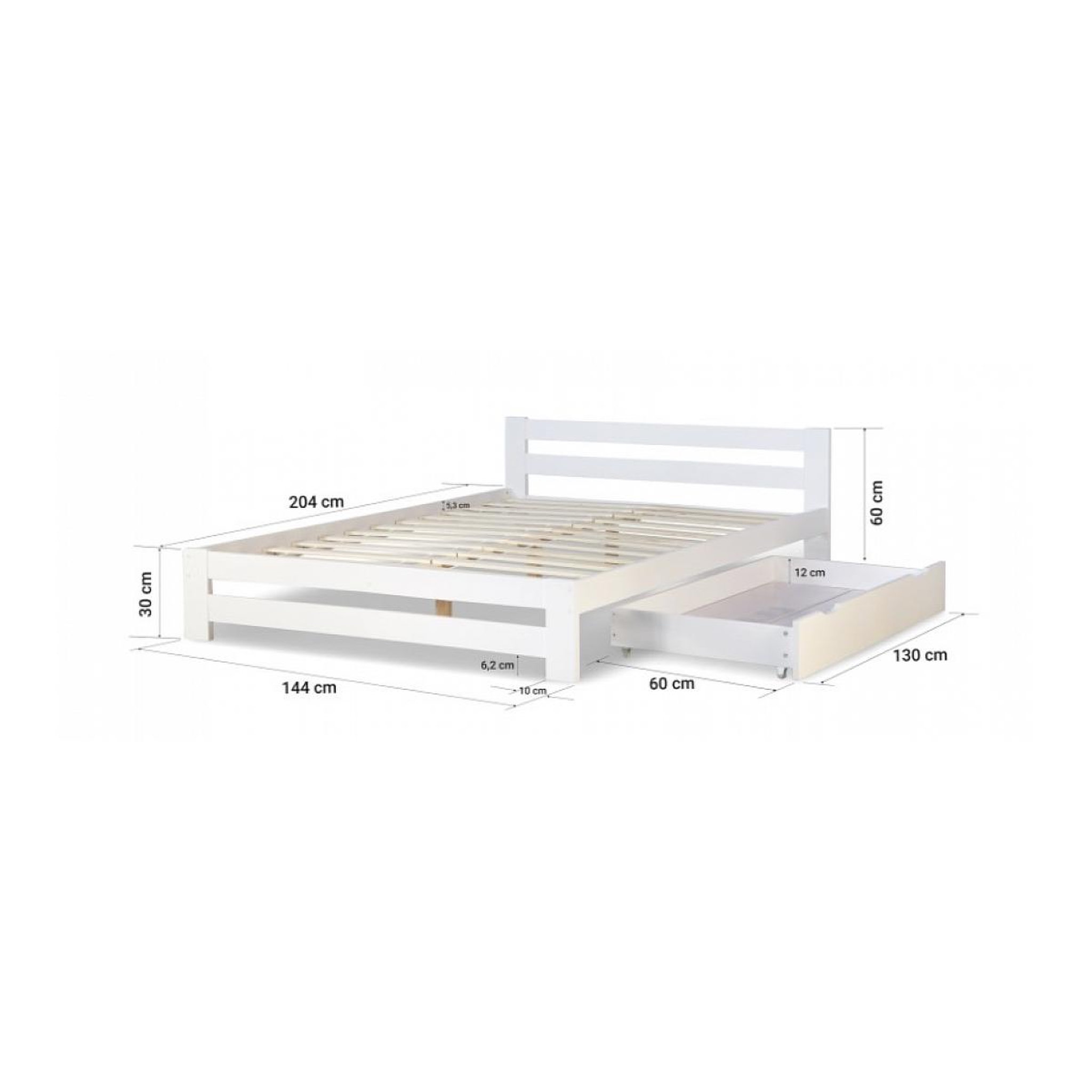 Voir la diapositive 2 : HomeStyle4U Lit Double en Bois Blanc 140x200 avec tiroir de lit et sommier a lattes