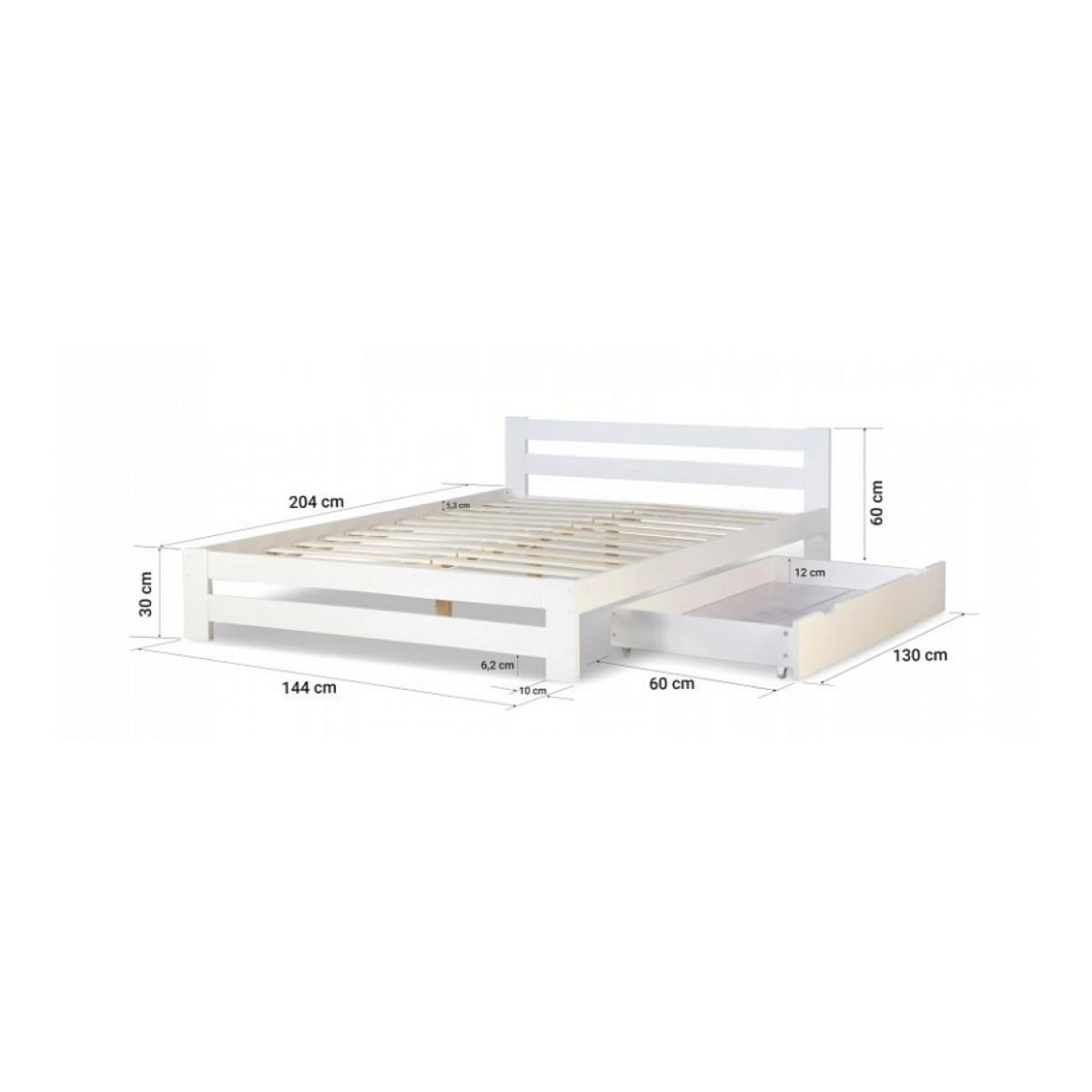 HomeStyle4U Lit Double en Bois Blanc 140x200 avec tiroir de lit et sommier a lattes