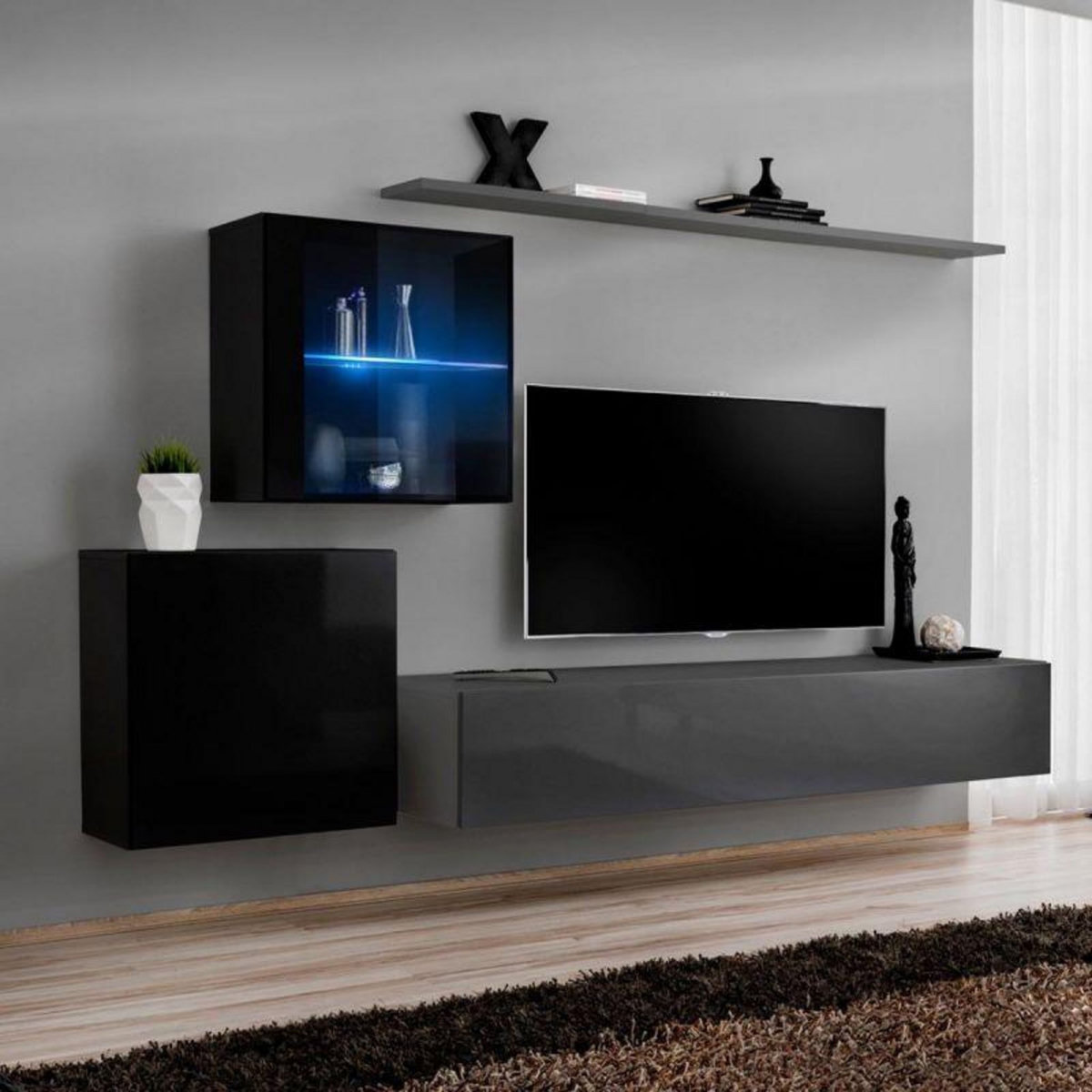 Paris Prix Meuble TV Mural Design  Switch XV  260cm Gris & Noir