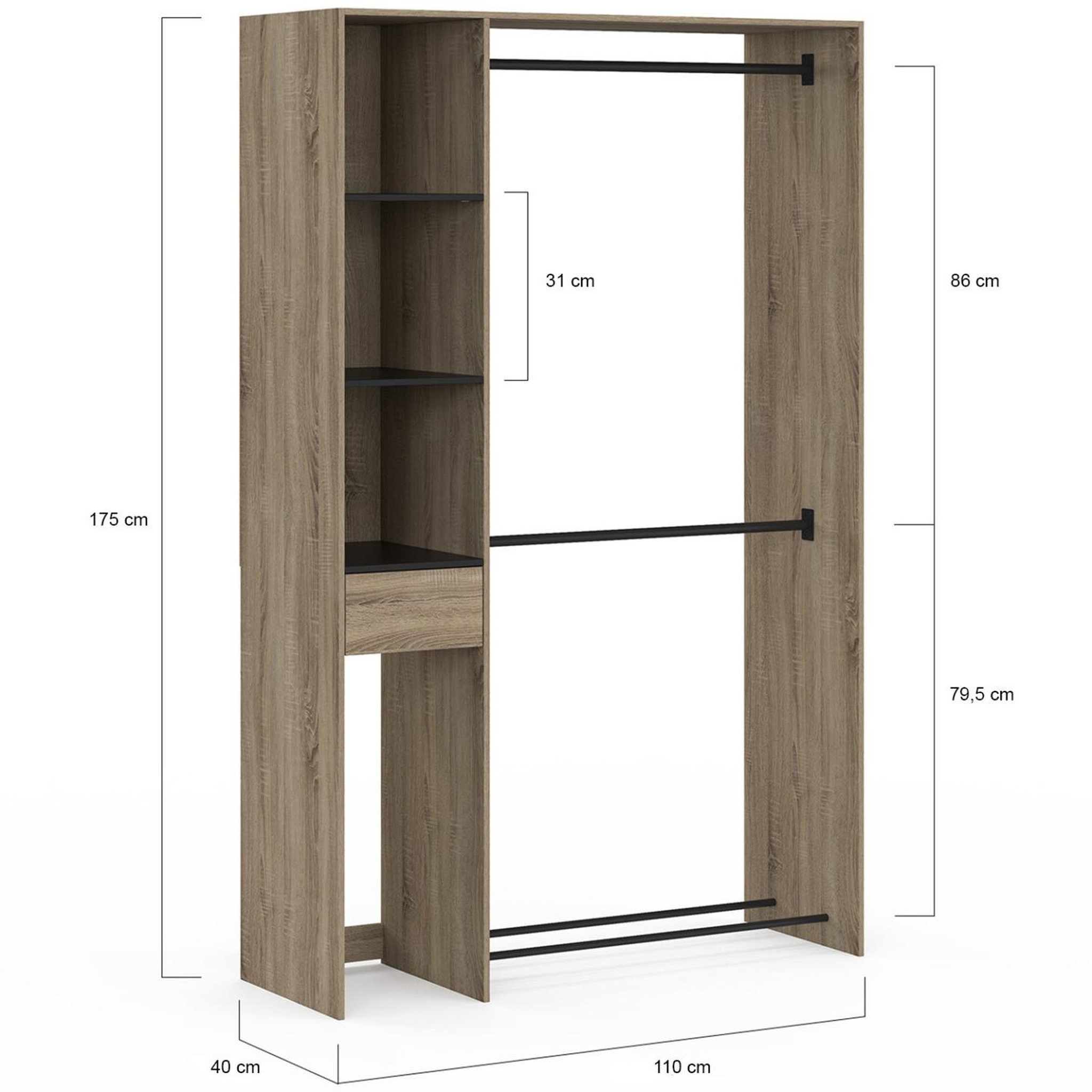 Voir la diapositive 4 : ID MARKET Dressing double penderie l. 110 cm mirty avec étagères + tiroir + rangements à chaussures hêtre et noir
