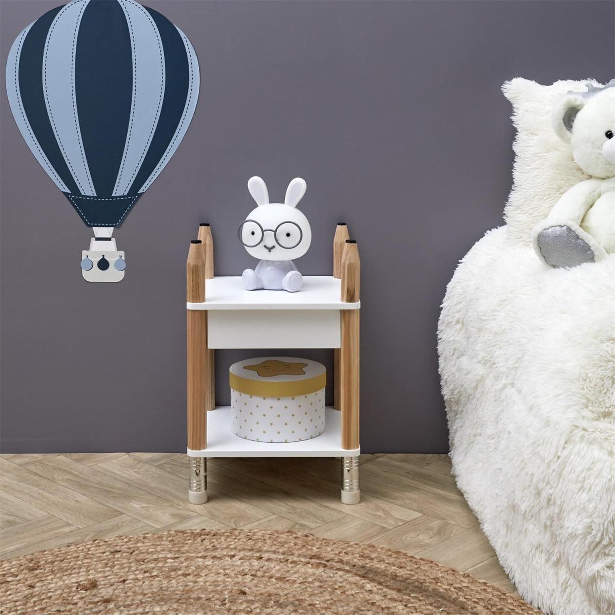 Voir la diapositive 5 : HOME DECO KIDS Table de chevet 1 tiroir  crayon  51cm blanc