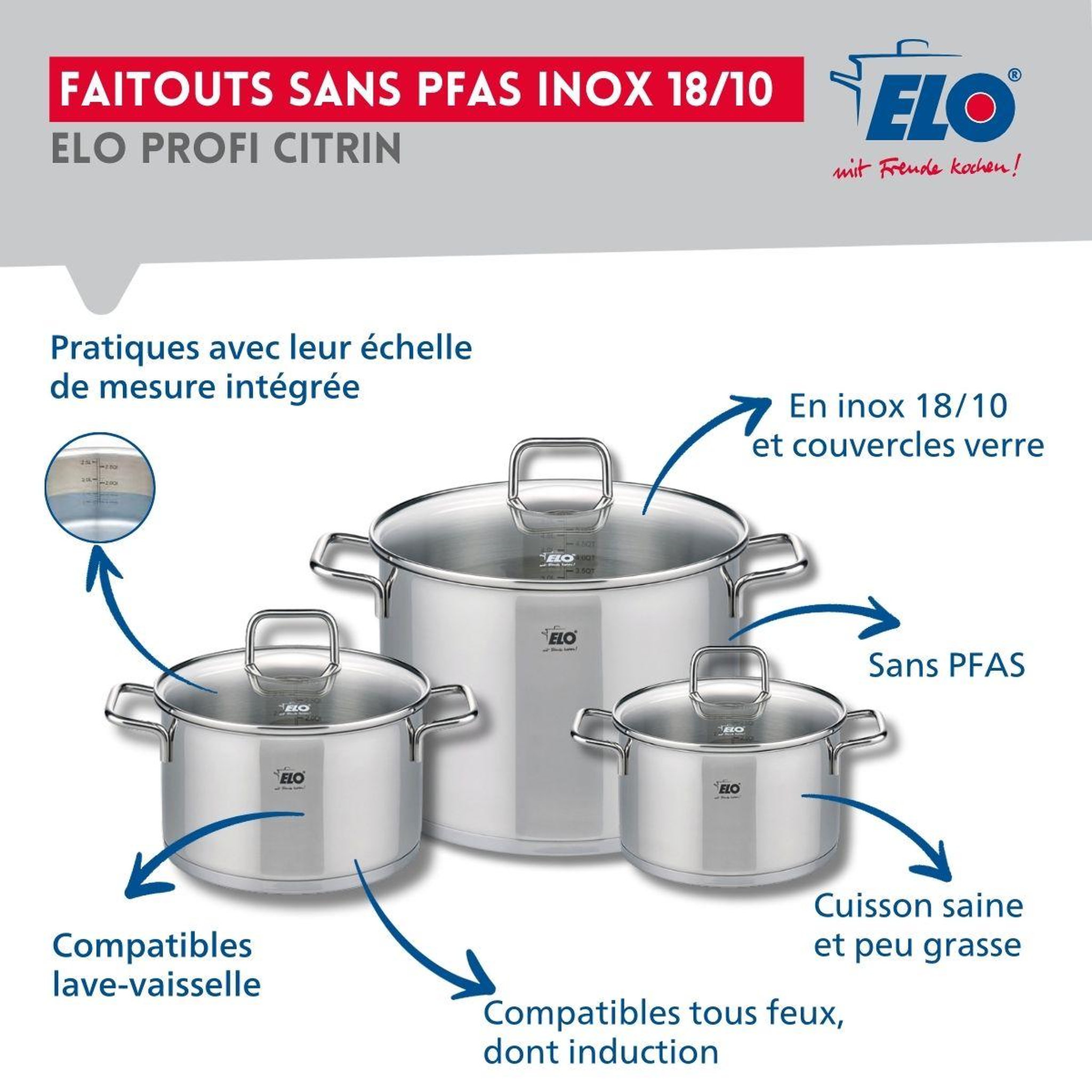 Voir la diapositive 3 : ELO Set de 1 poêle de cuisson 32 cm et 3 faitouts 16, 20 et 26 cm elo profi citrin