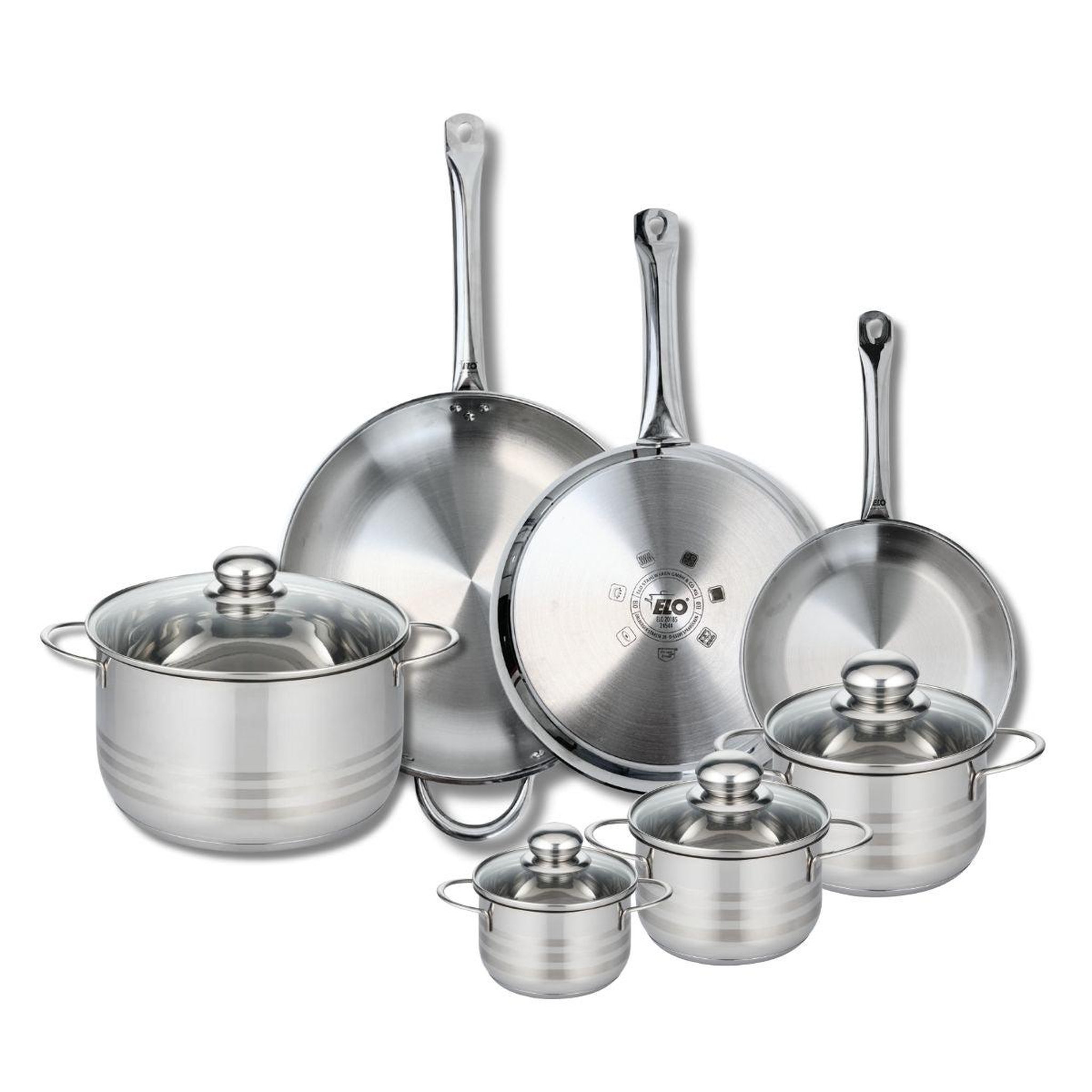 ELO Ensemble de 3 poêles de cuisson 24, 28 et 32 cm et 4 faitouts 12, 14, 16 et 24 cm elo profi brillant