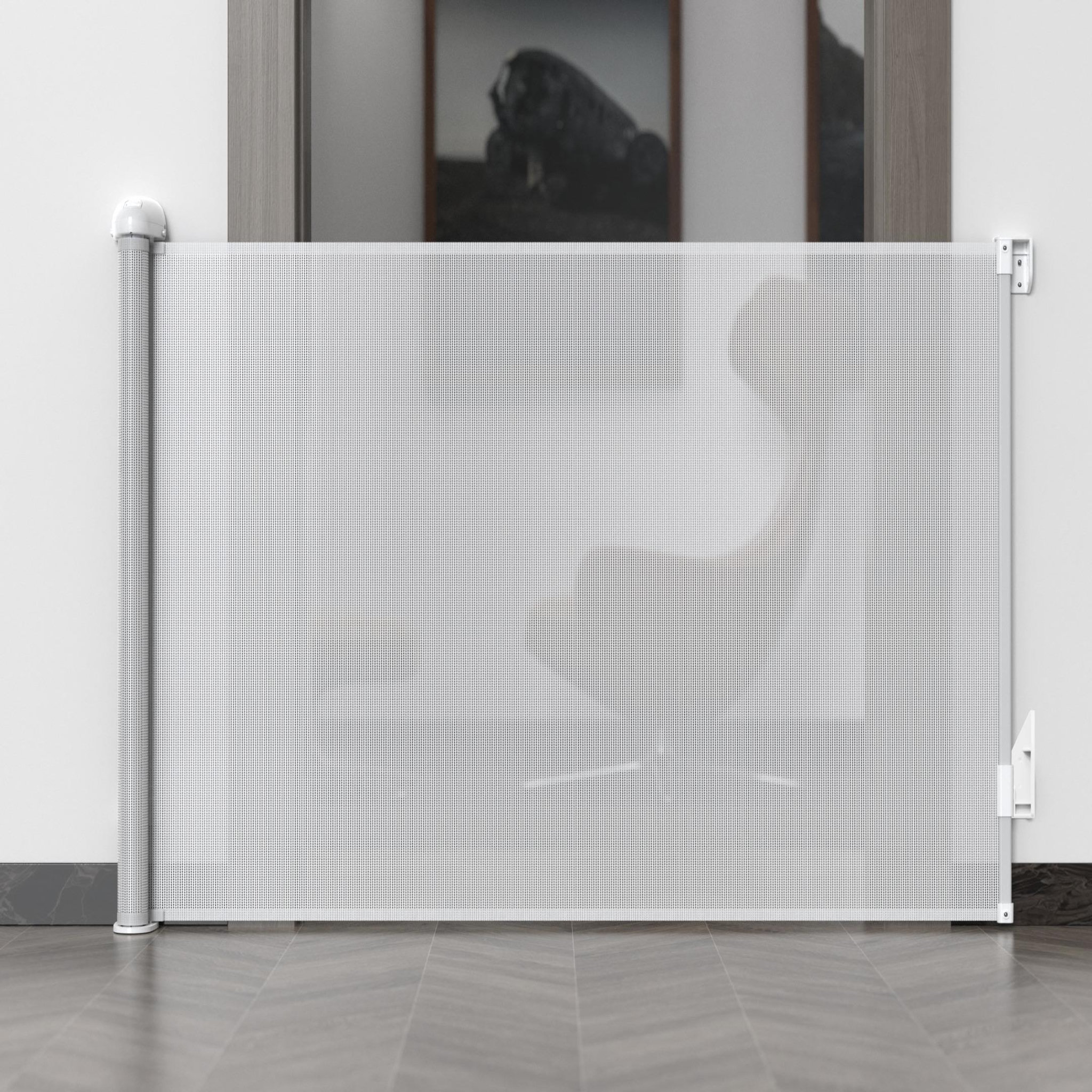 Voir la diapositive 2 : WEBABY Barrière de sécurité bébé sur enrouleur KLIP - Blanc 130 cm - dès 24 mois
