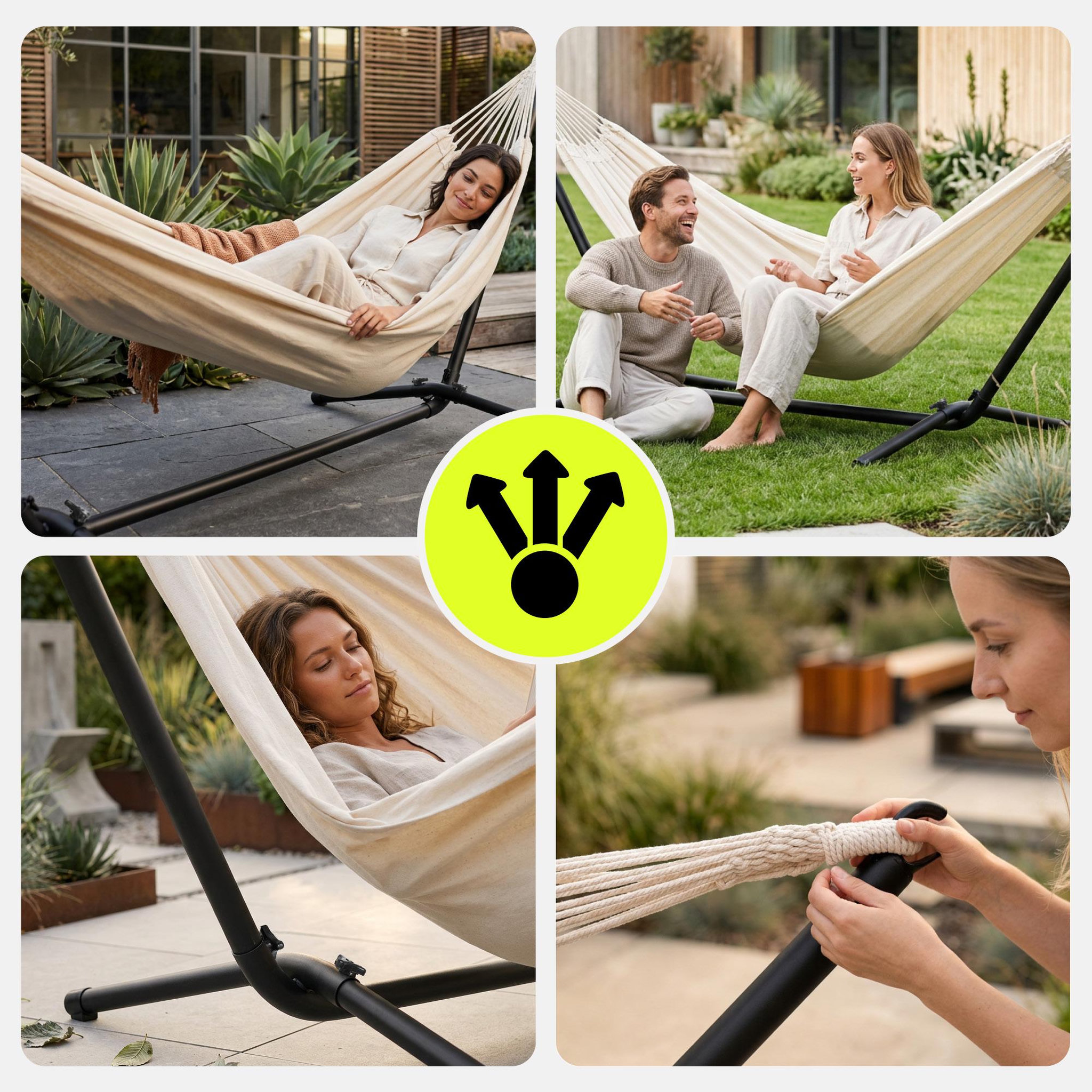 Voir la diapositive 2 : HYPERMOTION Hamac de jardin HyperMotion + Support en Acier Noir 295x100x96 cm 100 kg - Montage Facile