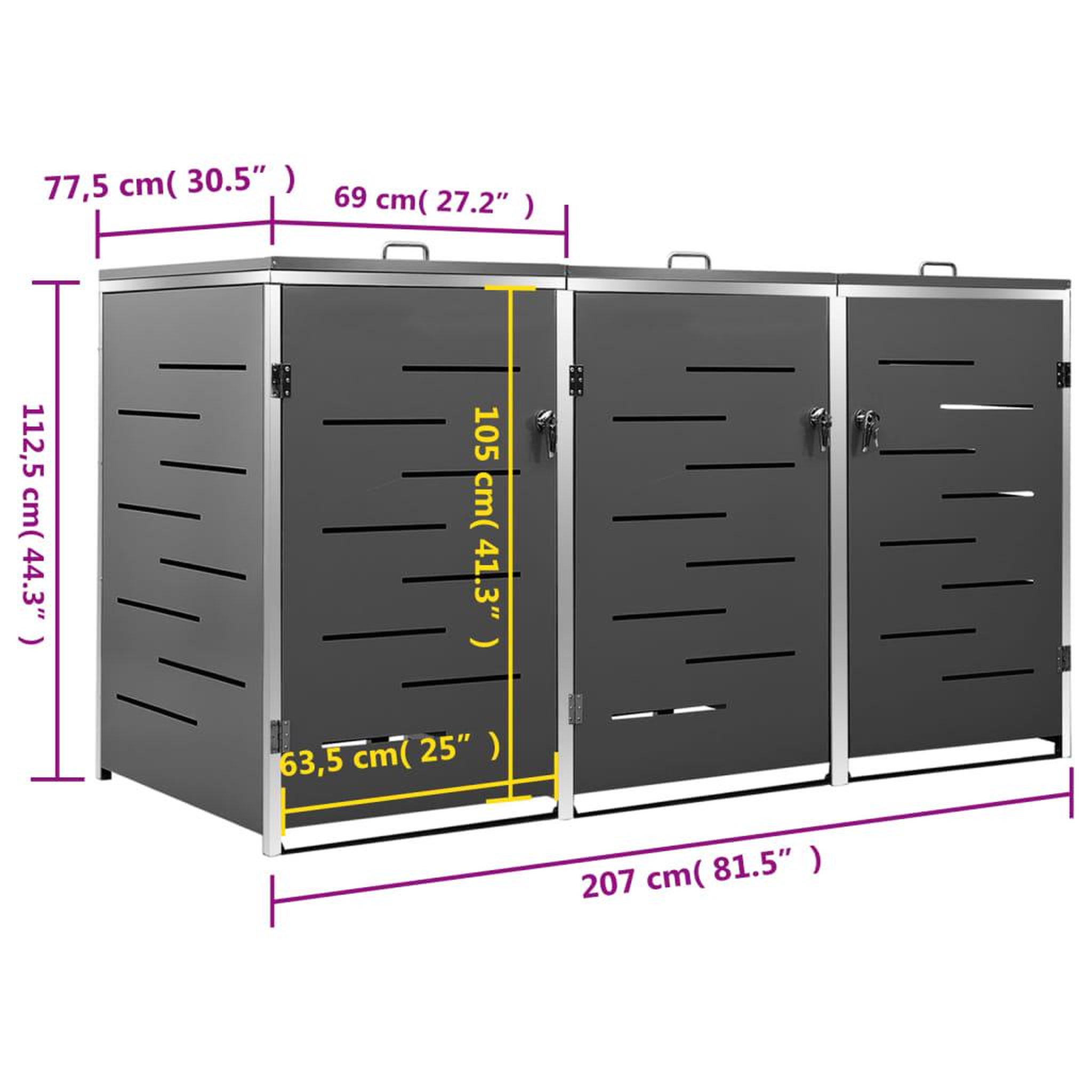 Voir la diapositive 6 : VIDAXL Abri pour trois poubelles 207x77,5x112,5 cm Inox