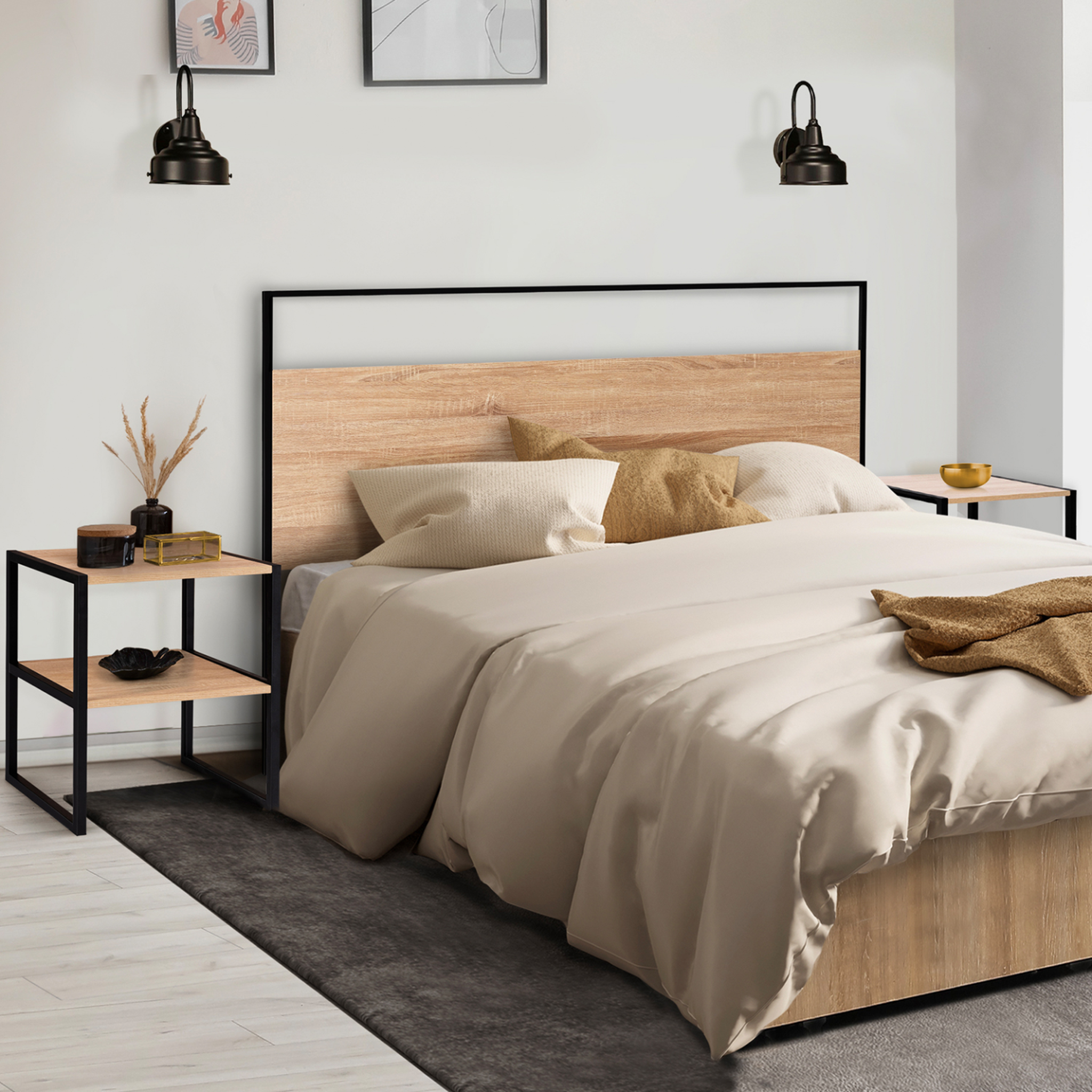 Voir la diapositive 2 : ID MARKET Lot de 2 tables de chevet DETROIT tables d'appoint bois et métal noir design industriel
