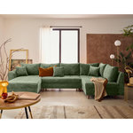LISA DESIGN Rune - canapé panoramique d'angle droit 7 places en velours texturé. Coloris disponibles : Beige, Vert, Violet, Bleu, Gris, Orange