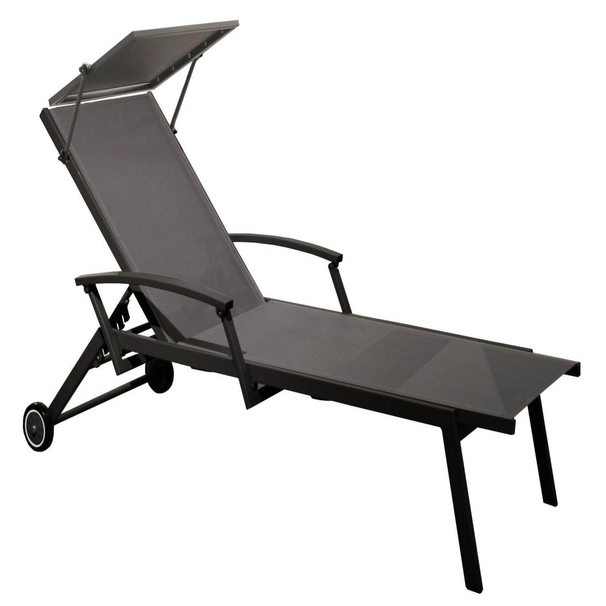 Proloisirs Lit empilable - FLORENCE - Aluminium époxy graphite - Toile TPEP gris - Accoudoirs escamotables - Ombrelle - Roues