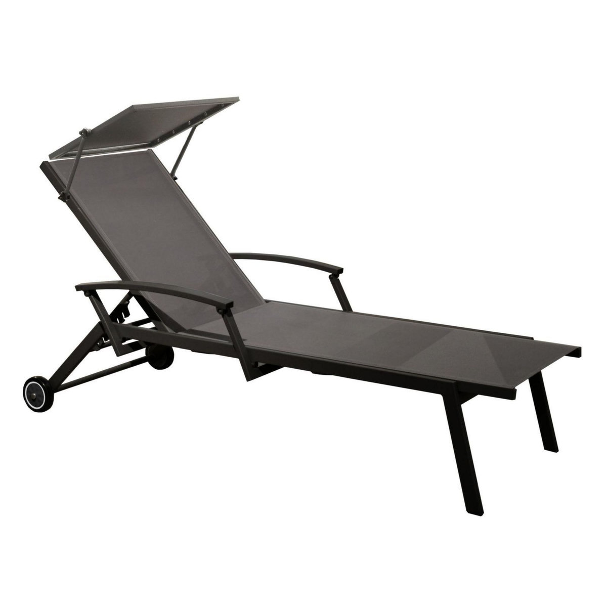 Proloisirs Lit empilable - FLORENCE - Aluminium époxy graphite - Toile TPEP gris - Accoudoirs escamotables - Ombrelle - Roues