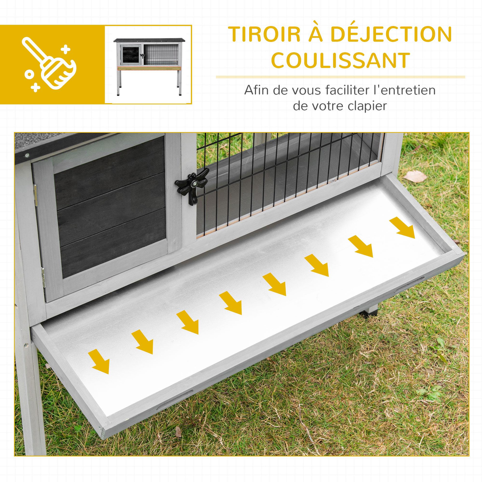 Voir la diapositive 6 : PAWHUT Clapier sur pied cage à lapin avec niche intérieure plateau excrément coulissant porte verrouillable toit ouvrant bois sapin gris