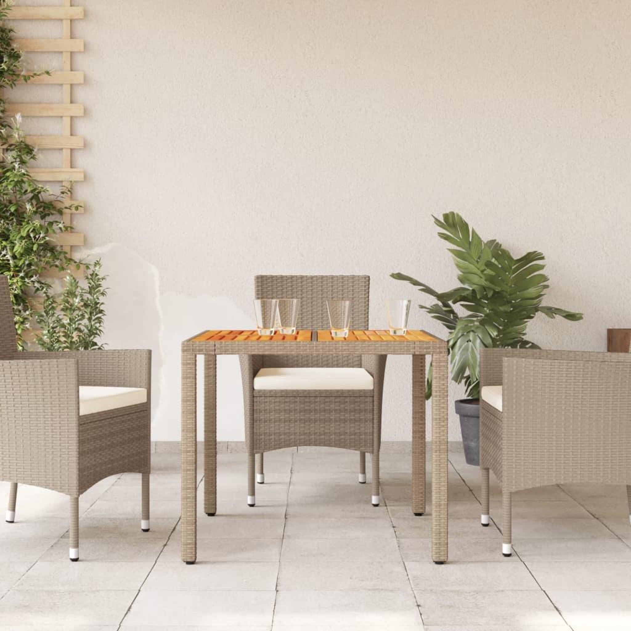 Voir la diapositive 3 : VIDAXL Table de jardin beige 90x90x75 cm resine tressee et bois acacia