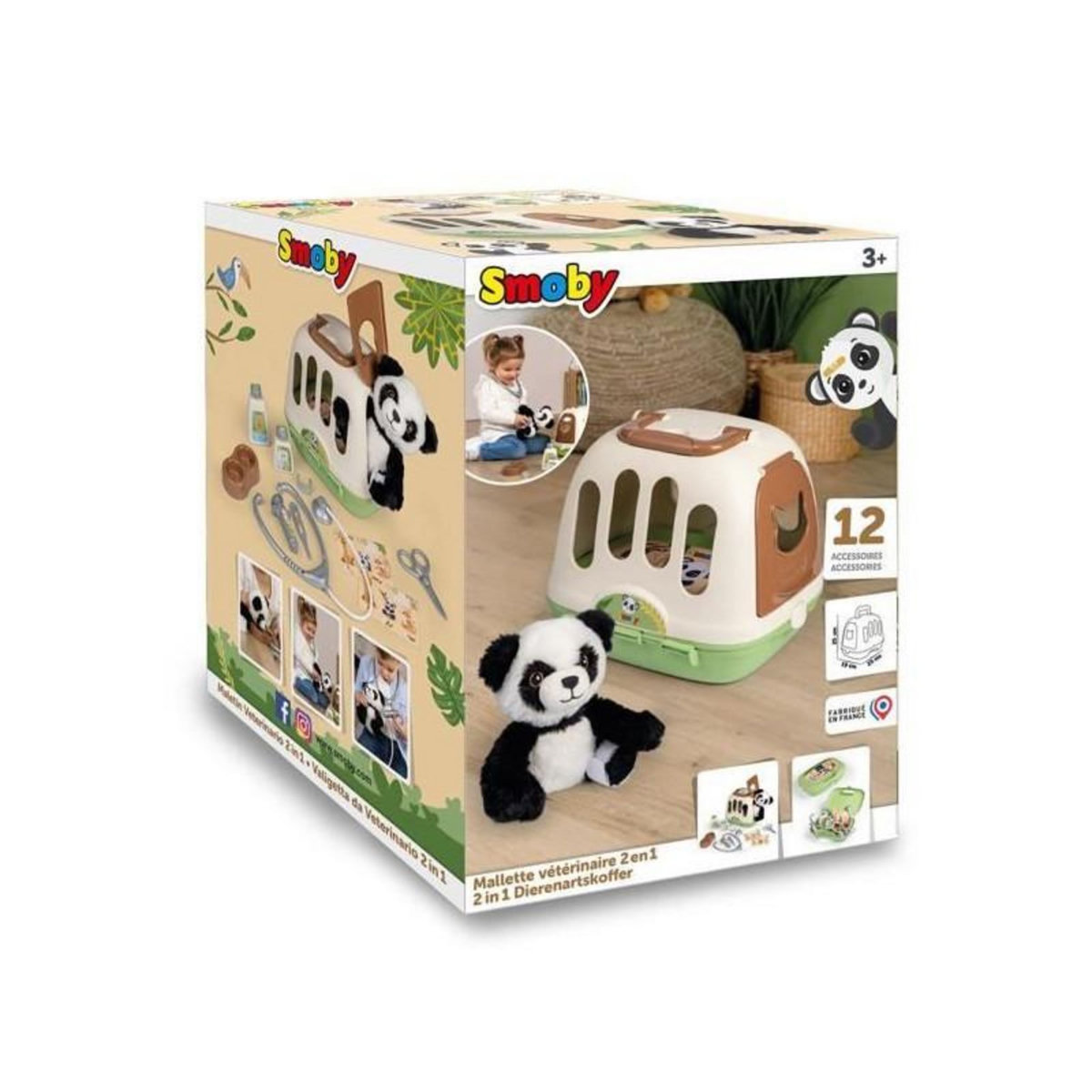SMOBY Smoby - Mallette vétérinaire - 1 peluche panda et de nombreux accessoires - Produit 2 en 1 : Cage de transport - Fabrication f