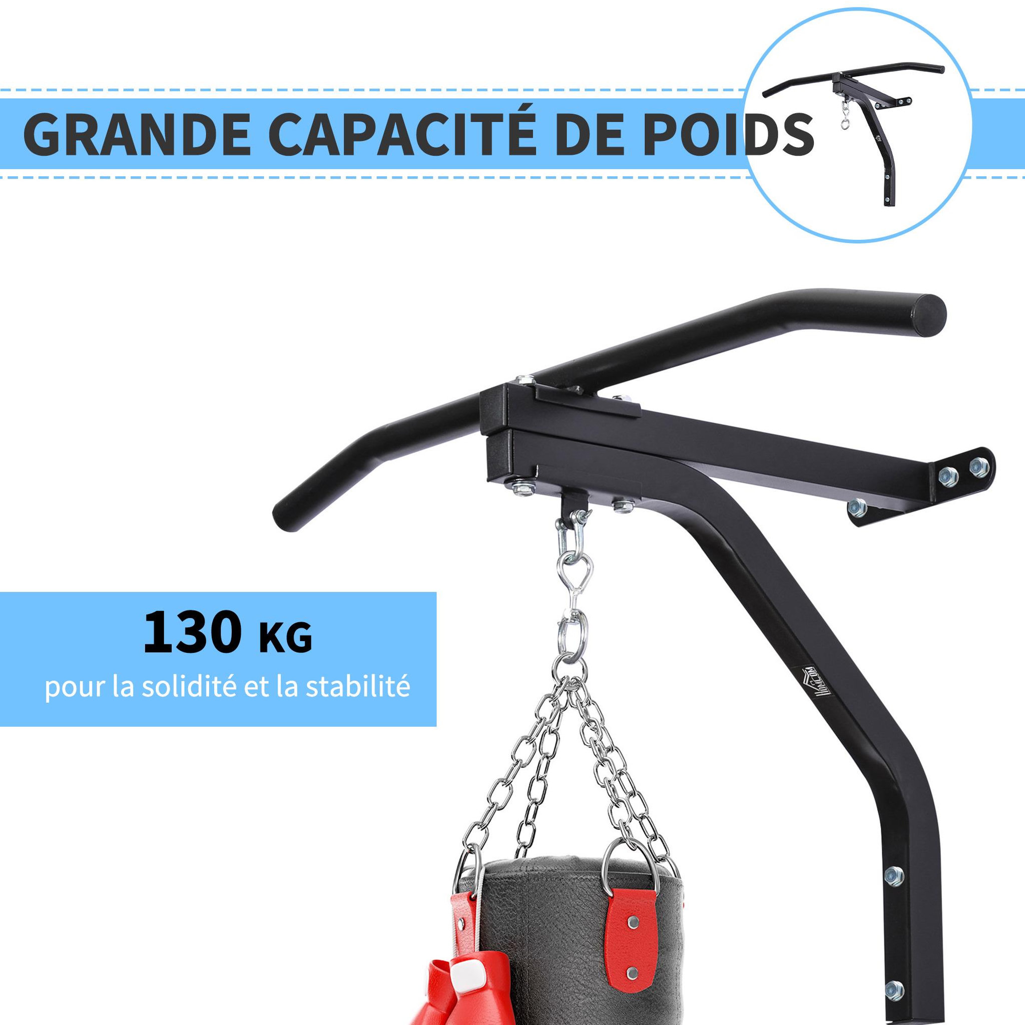 Voir la diapositive 5 : HOMCOM Support sac de boxe fixation sac de frappe barre de traction intégrée charge max. 130 kg acier noir