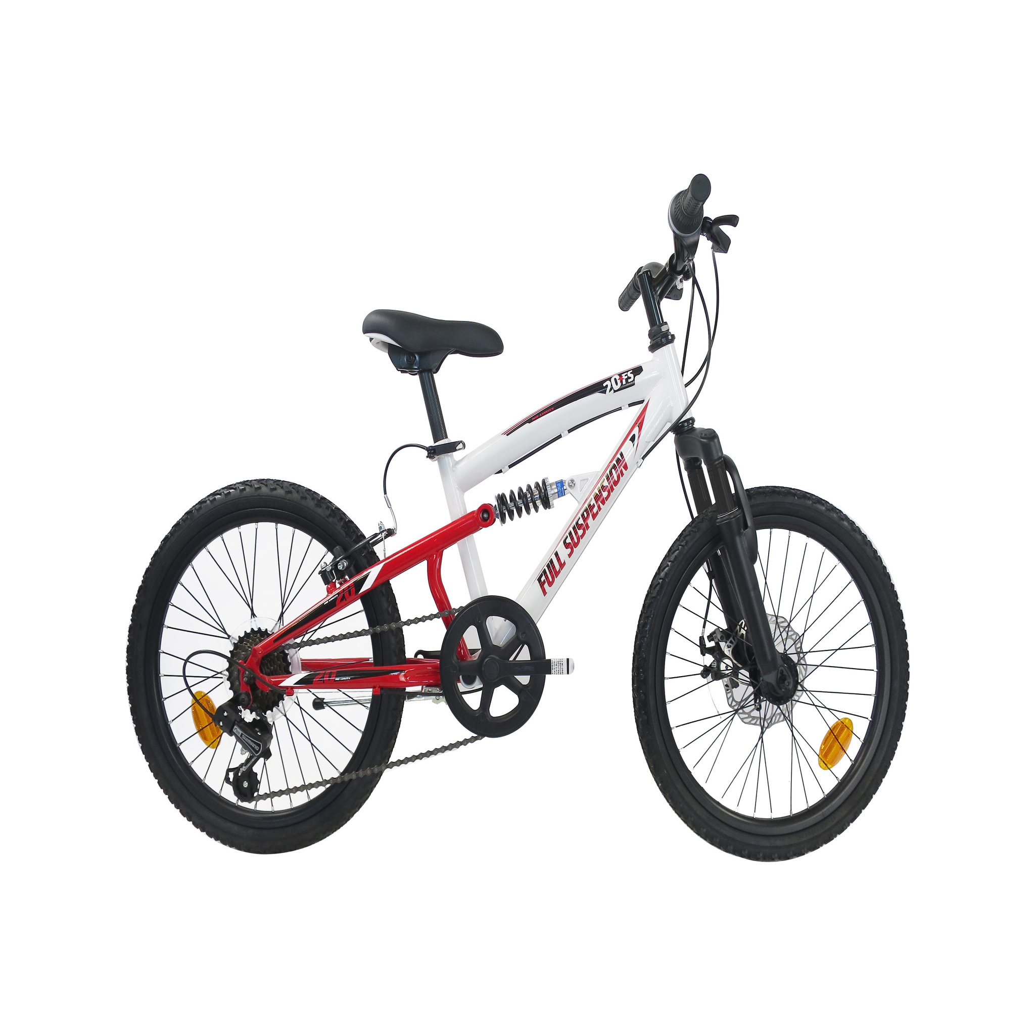Voir la diapositive 1 : Vélo enfant (120/140 cm) - VTT 20'' Tout Suspendu Mixte - Fourche télescopique - 6 Vitesses  - Dérailleur Shimano TY21 - Freins avant à Disque et V brake arrière - Béquille