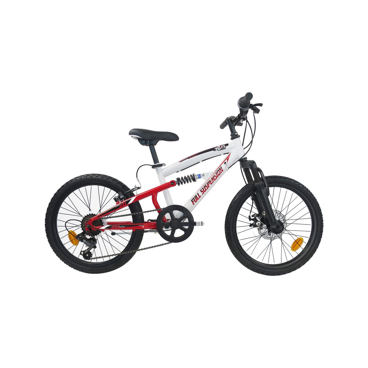 Vélo enfant (120/140 cm) - VTT 20'' Tout Suspendu Mixte - Fourche télescopique - 6 Vitesses  - Dérailleur Shimano TY21 - Freins avant à Disque et V brake arrière - Béquille