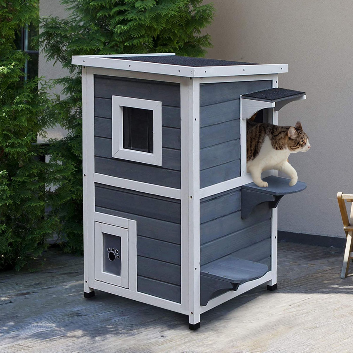 PAWHUT Maisonnette pour chat sur pied 2 niveaux - toit ouvrant bitumé - bois sapin pré-huilé peint gris blanc