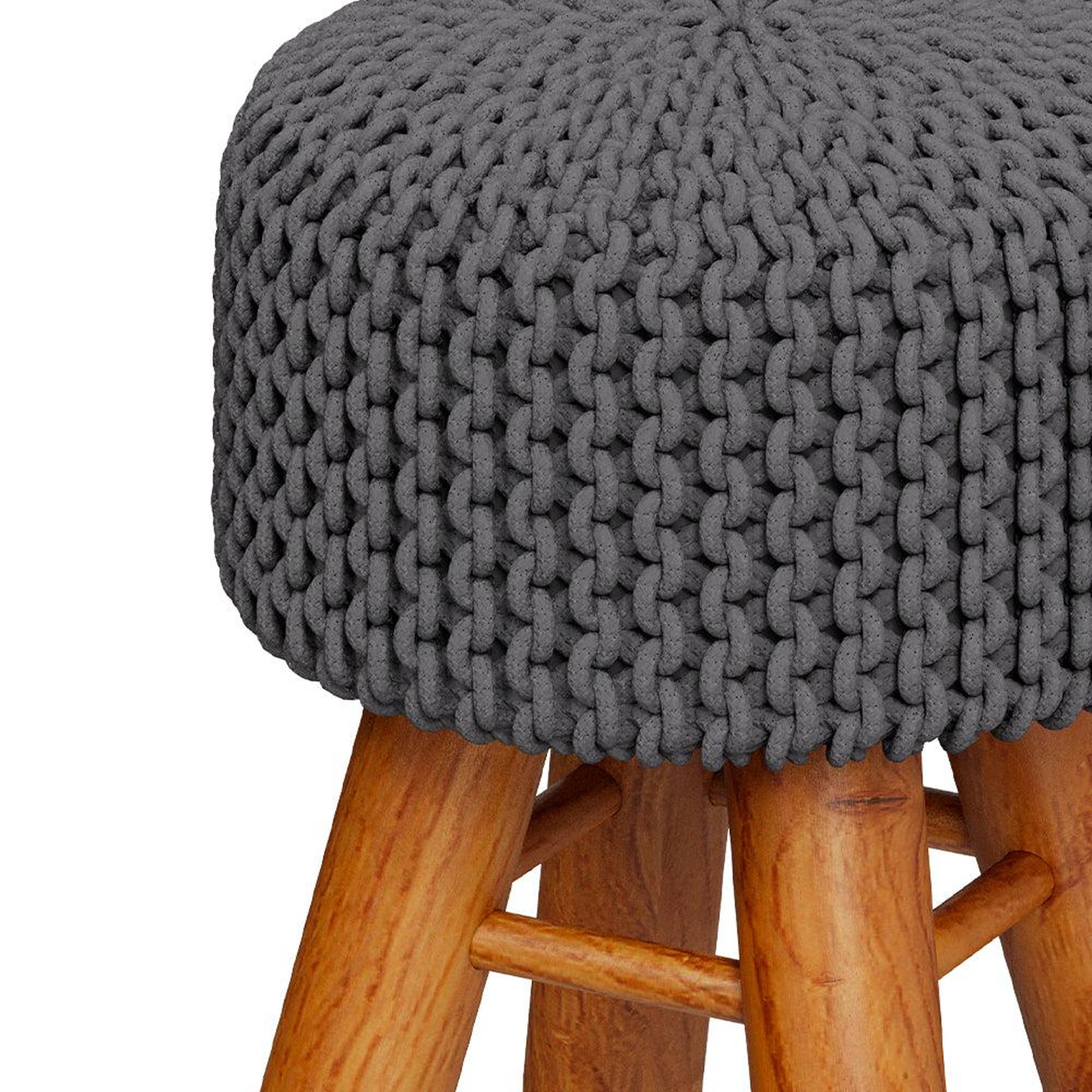 Voir la diapositive 3 : MAISON PAVANE Petit tabouret rond en tricot coton gris foncé et pieds en bois-lisa