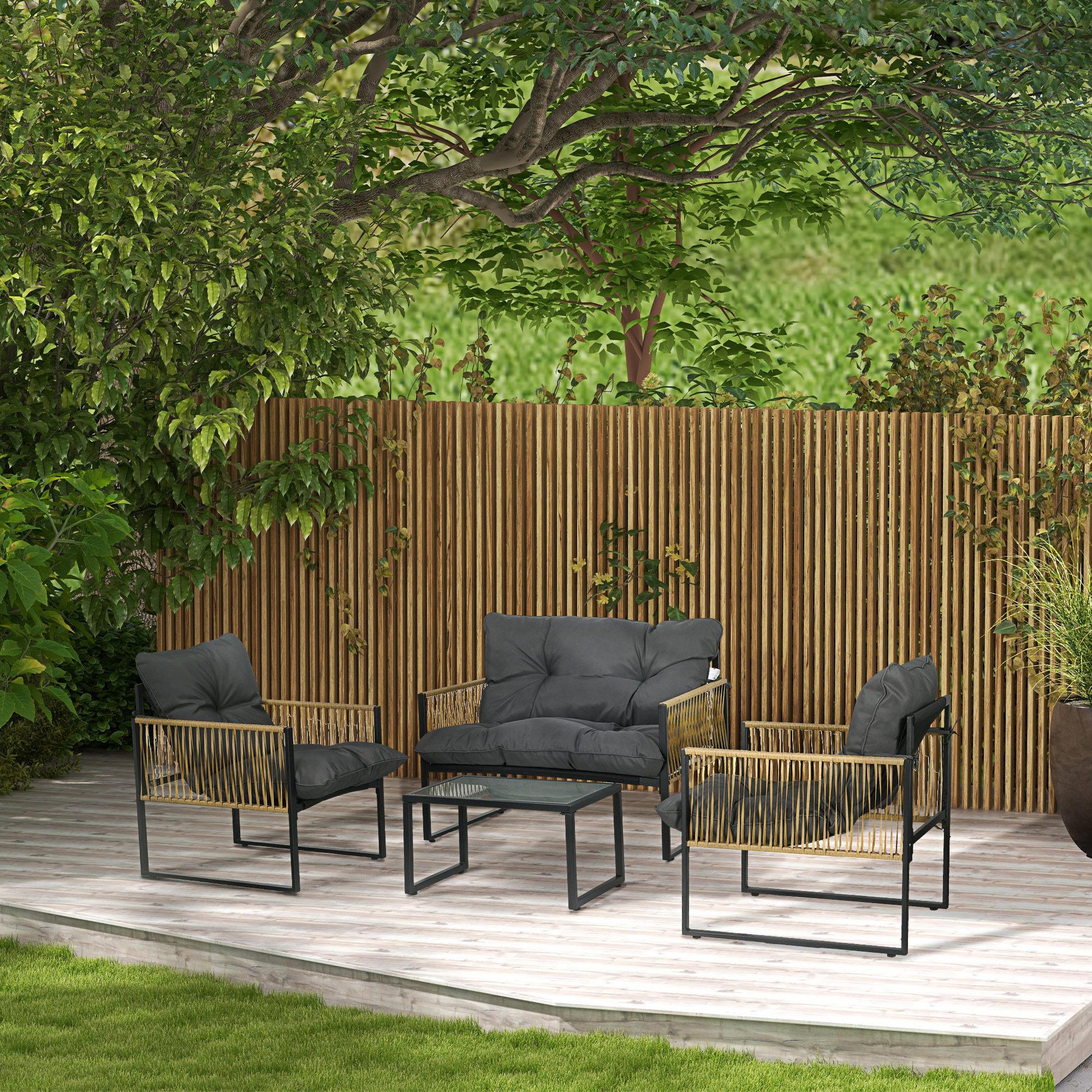 Voir la diapositive 2 : OUTSUNNY Ensemble salon de jardin  4 places 4 pièces 3 coussins acier résine gris
