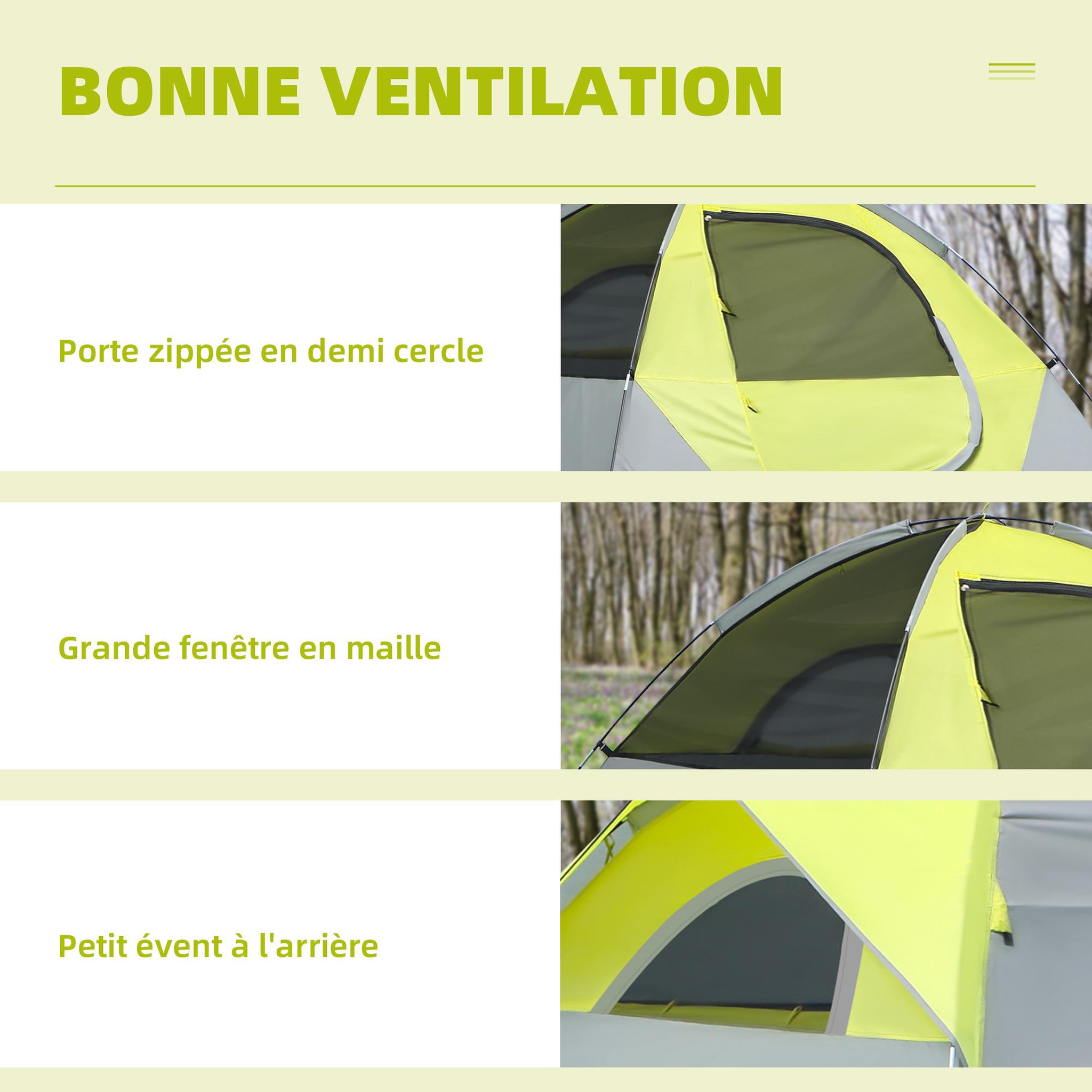 Voir la diapositive 5 : OUTSUNNY Tente de camping 3 personnes - portes zippées, poche rangement, sac transport inclus - dim. 210L x 210l x 119H cm - fibre verre polyester tissu Oxford gris vert