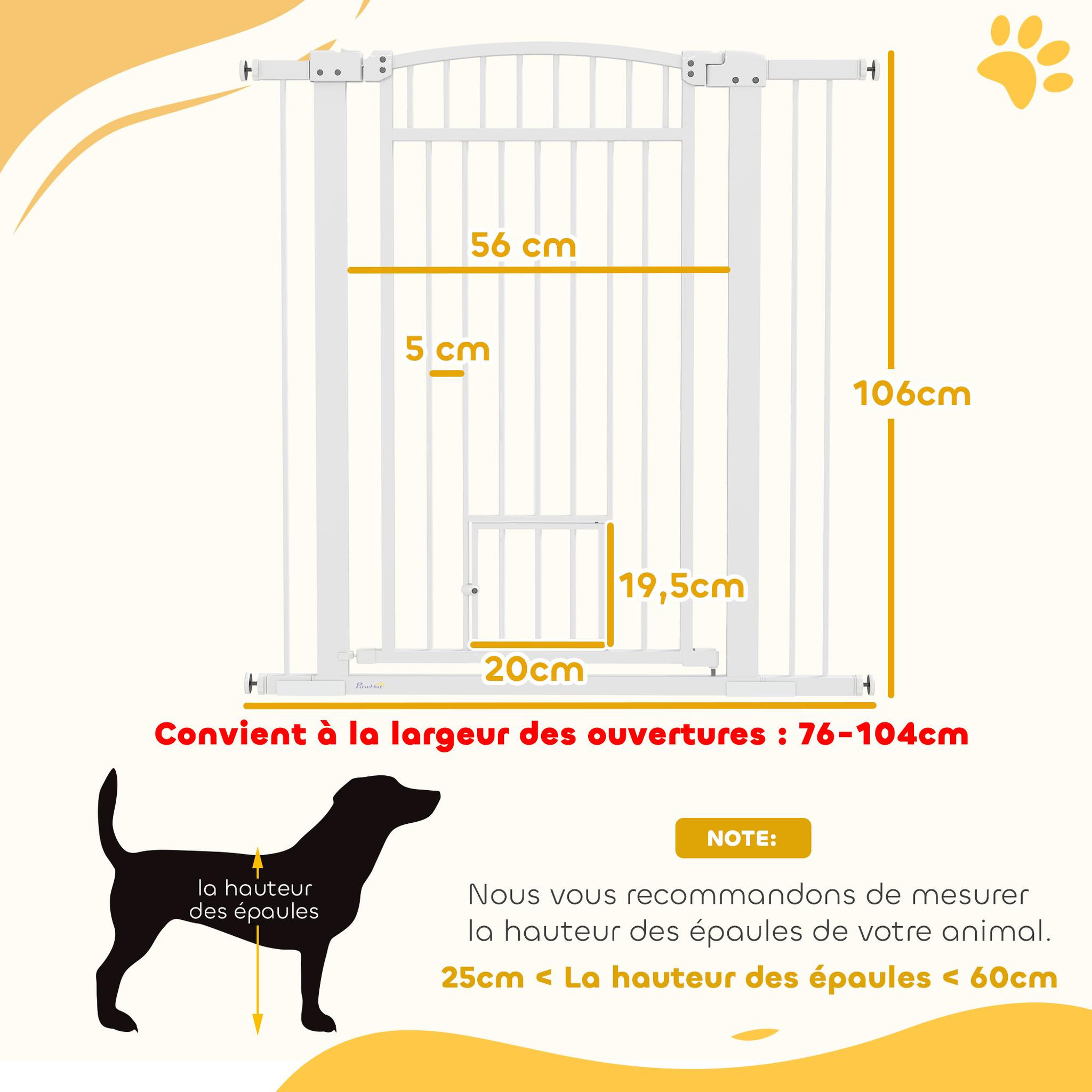 Voir la diapositive 3 : PAWHUT Barrière de sécurite chien extensible L.76-104 cm double verrouillage montage pression ou perçage blanc
